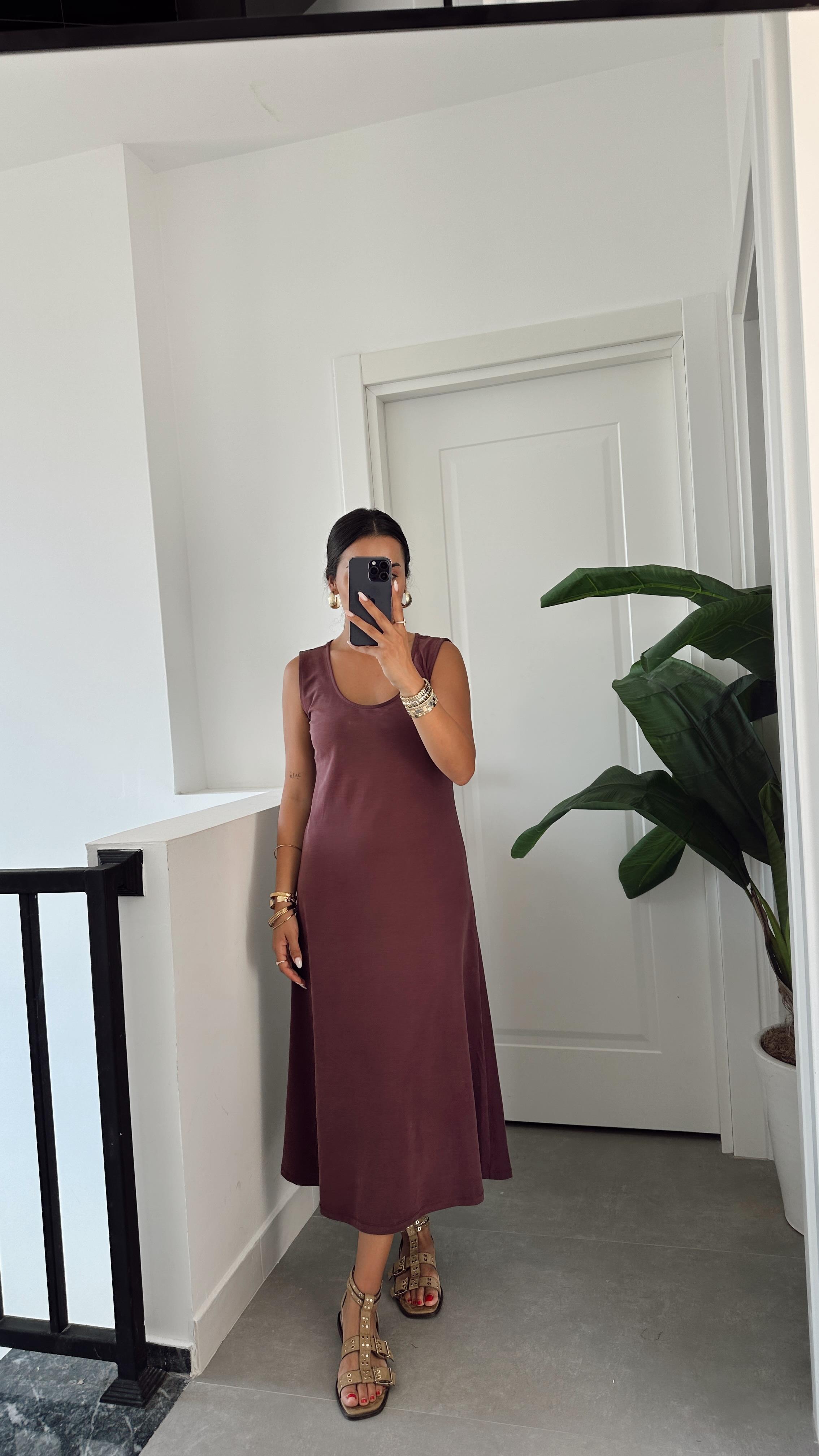 Bordo U Yaka Modal Kumaş Elbise