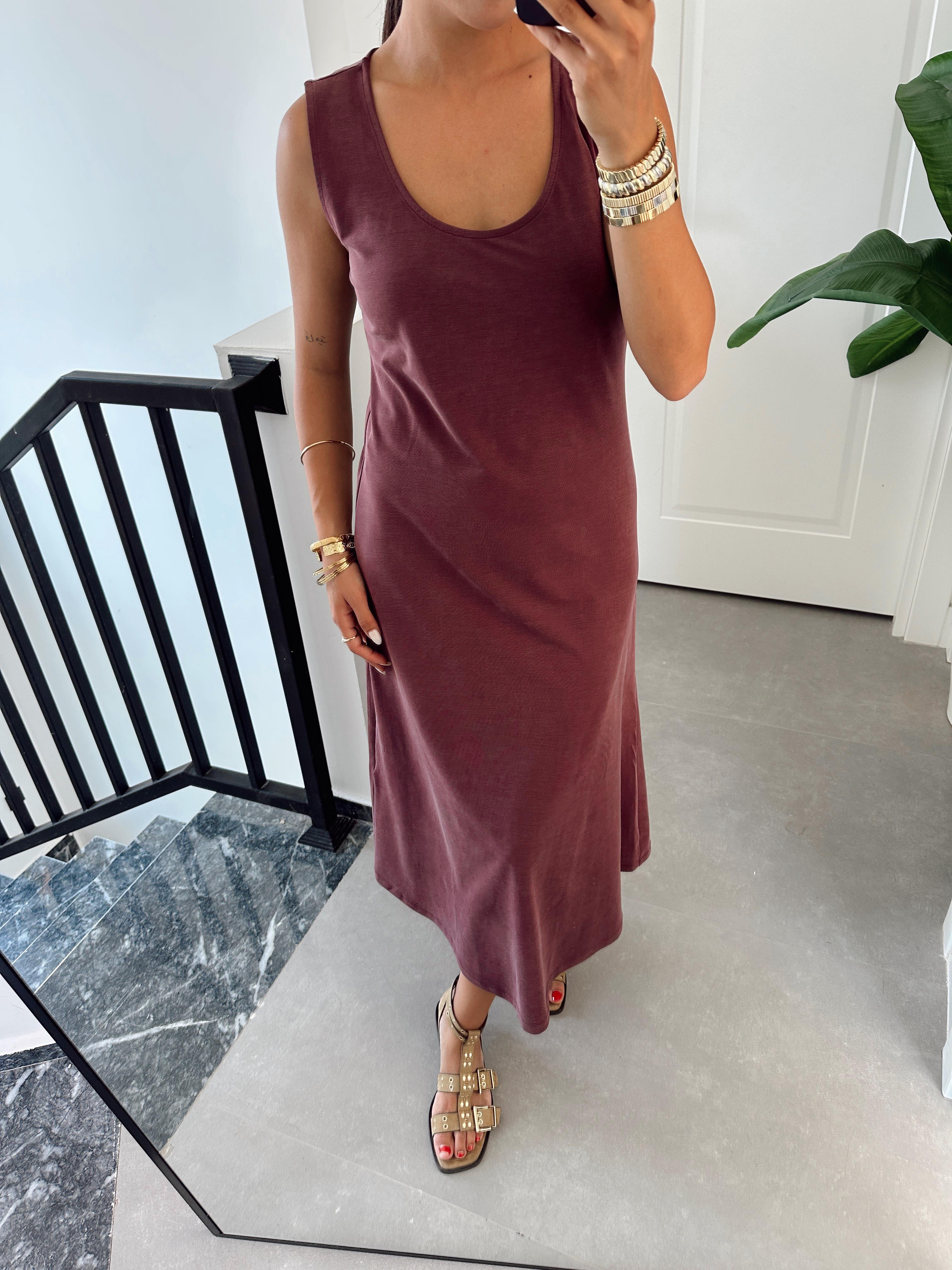 Bordo U Yaka Modal Kumaş Elbise