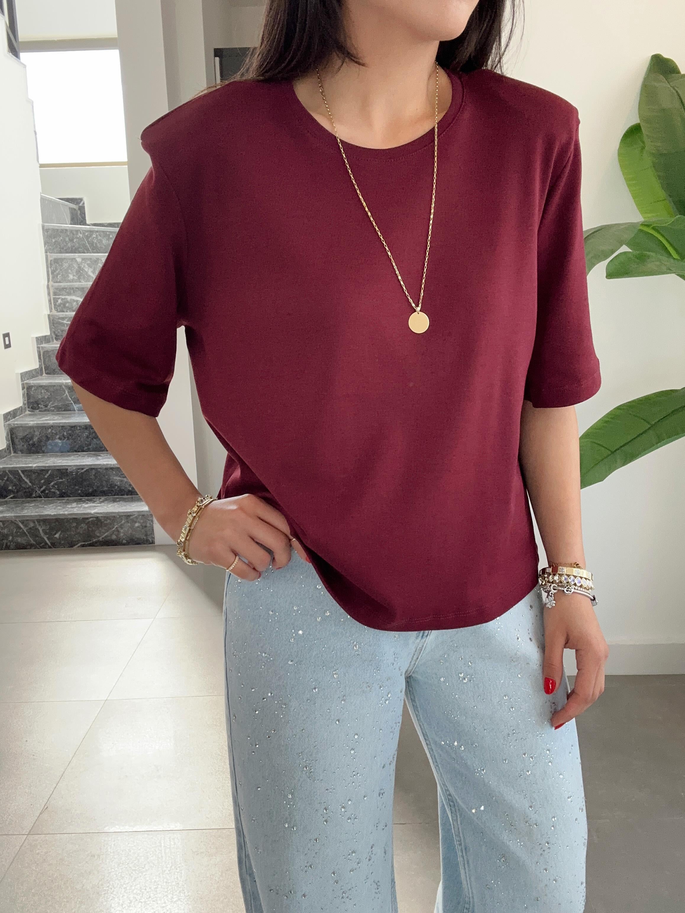 Bordo Vatkalı Basic Tişört