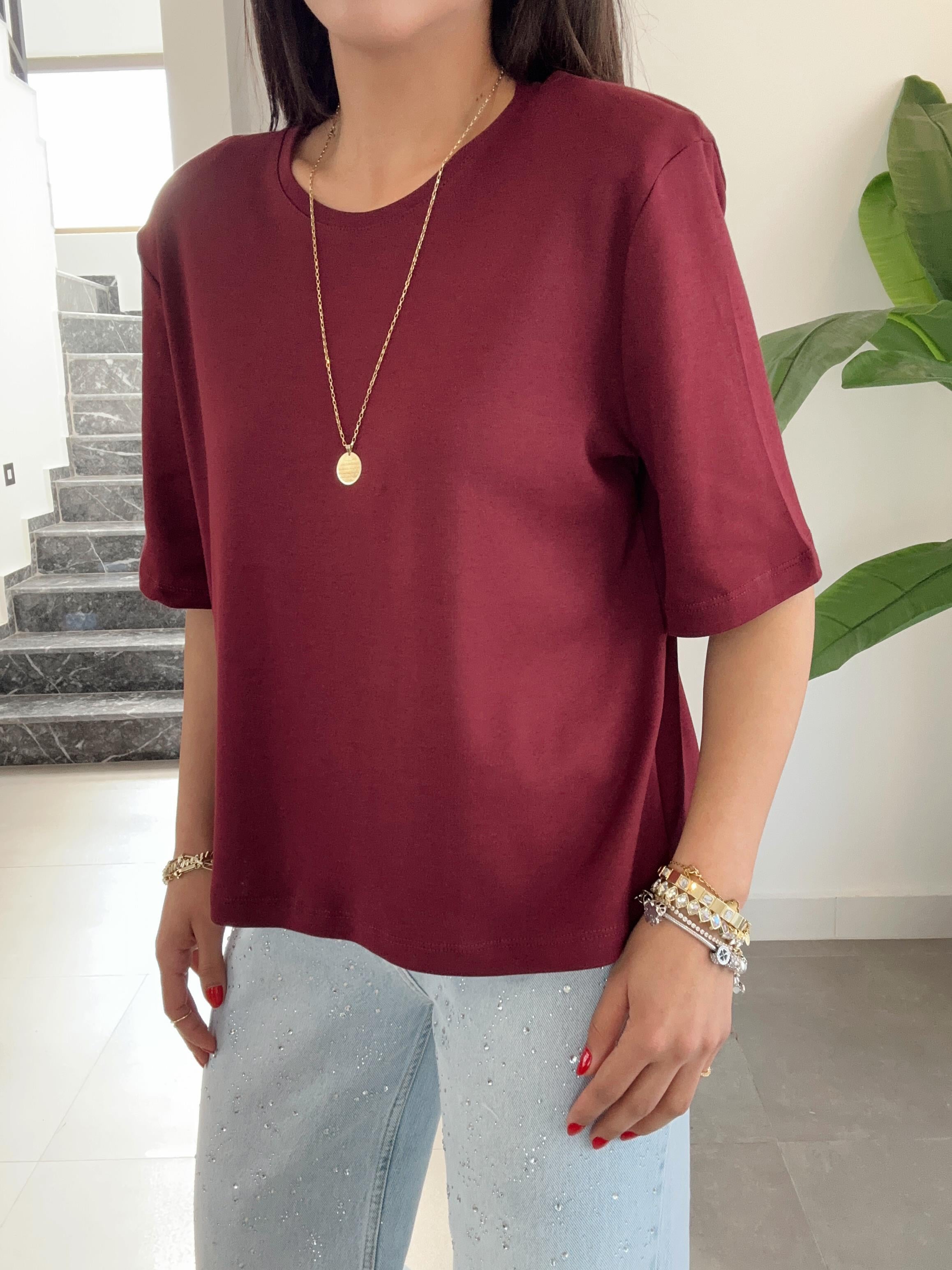 Bordo Vatkalı Basic Tişört