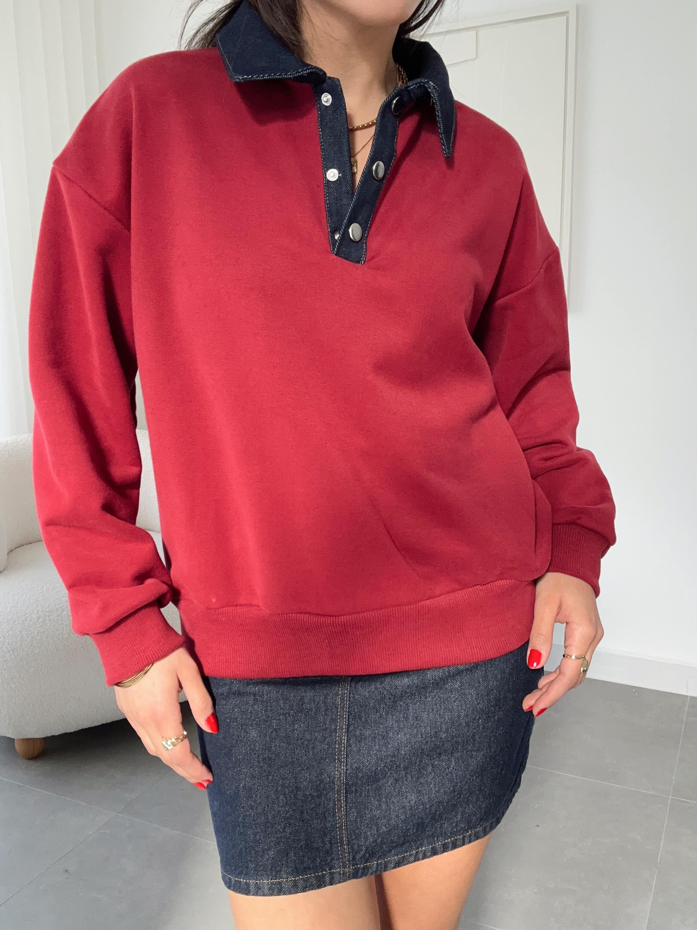 Bordo Yakası Kot Detaylı Sweat