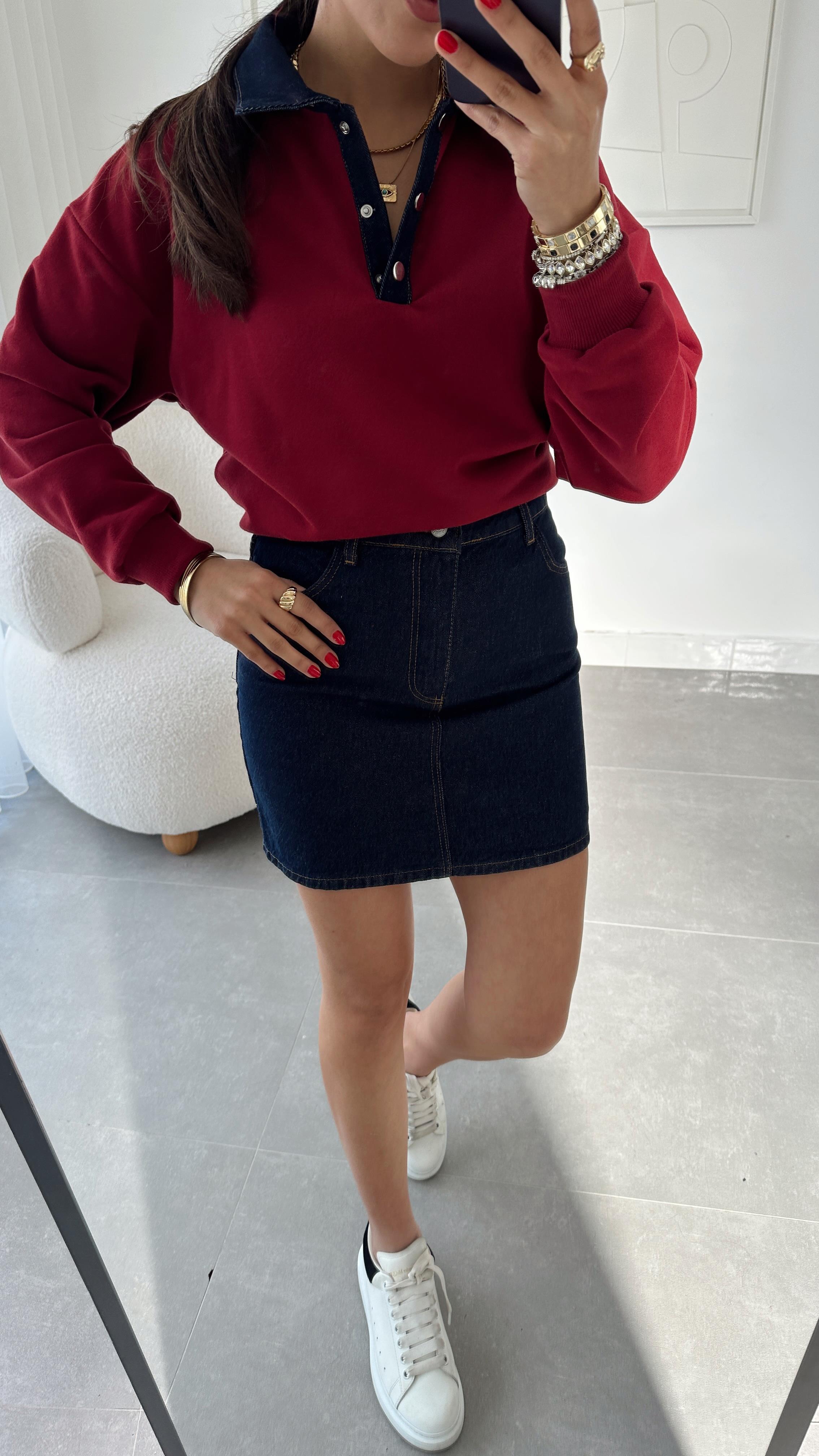 Bordo Yakası Kot Detaylı Sweat