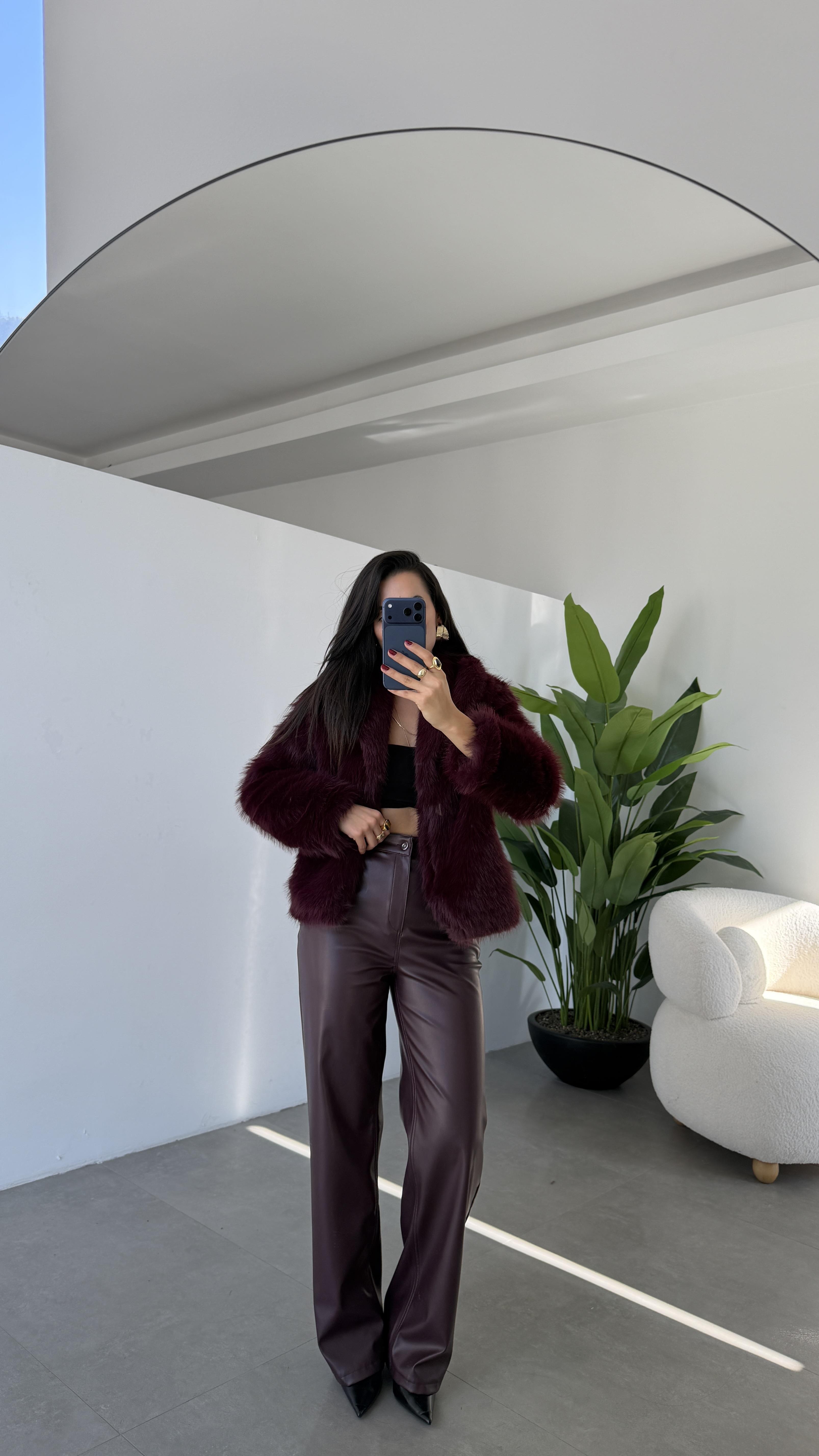 Bordo Yüksek Bel Deri Palazzo Pantolon