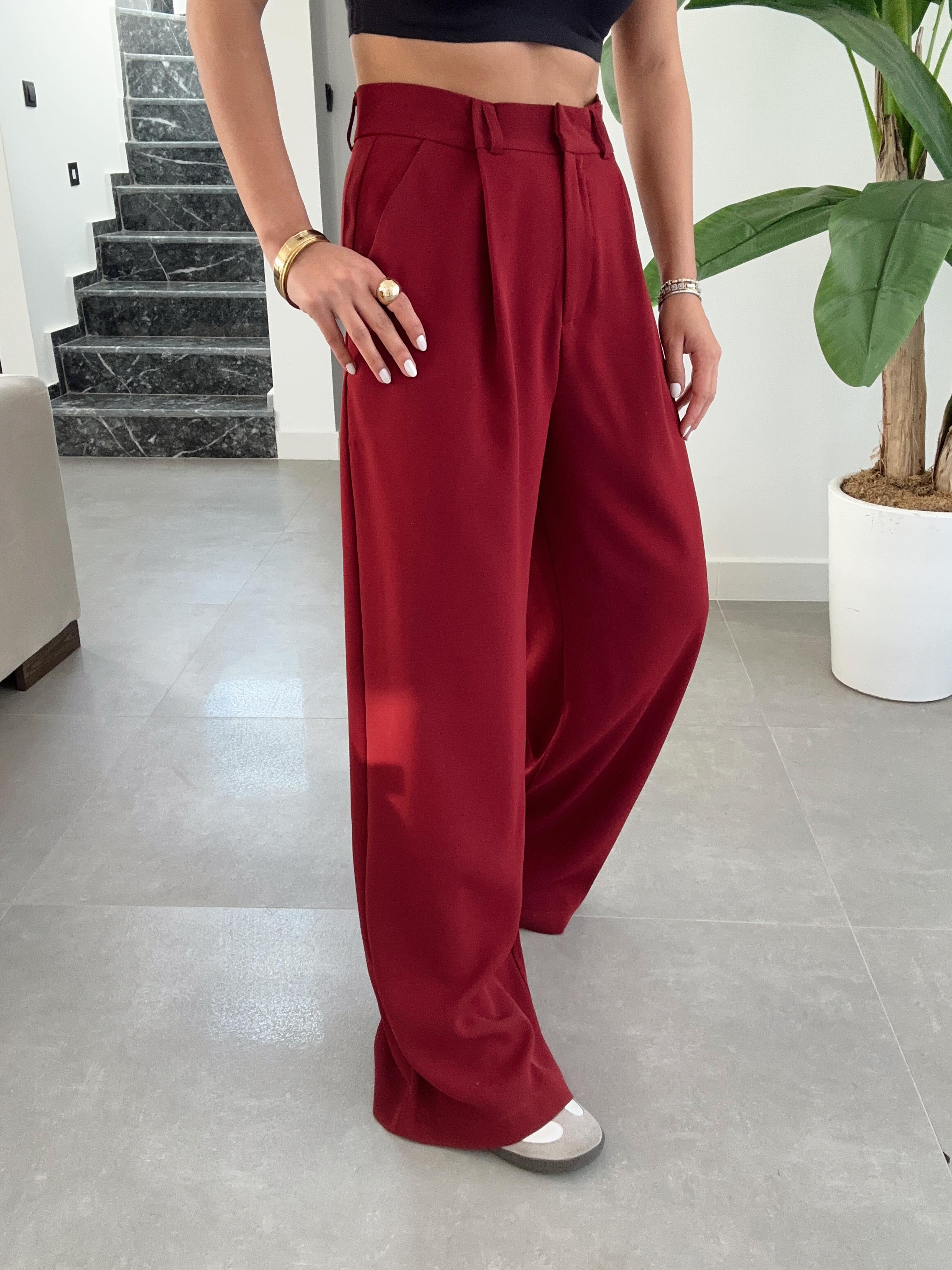 Bordo Yüksek Bel Premium Pileli Palazzo Pantolon