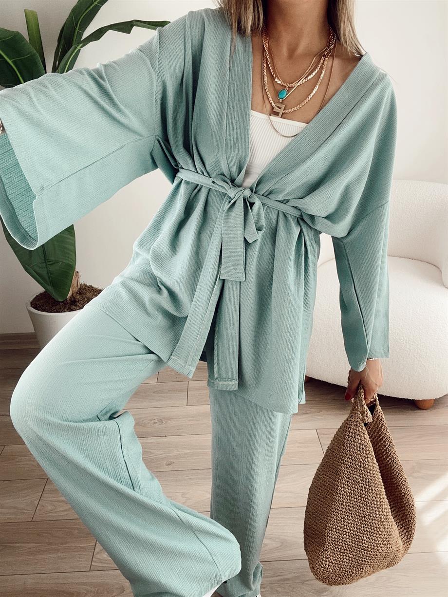 Çağla Yeşili Bürümcük Kimono Takım