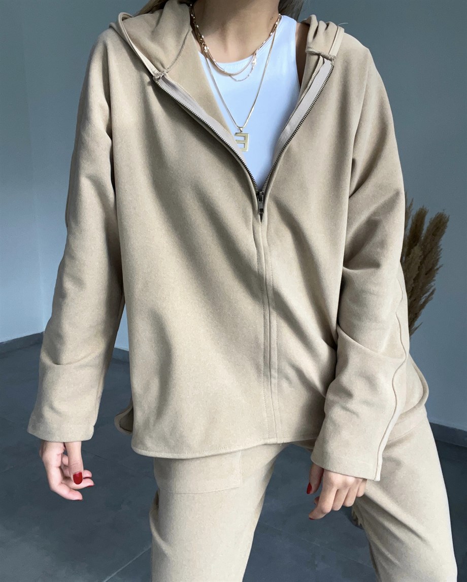 Camel Fermuar Detaylı Polar Sweatshirt