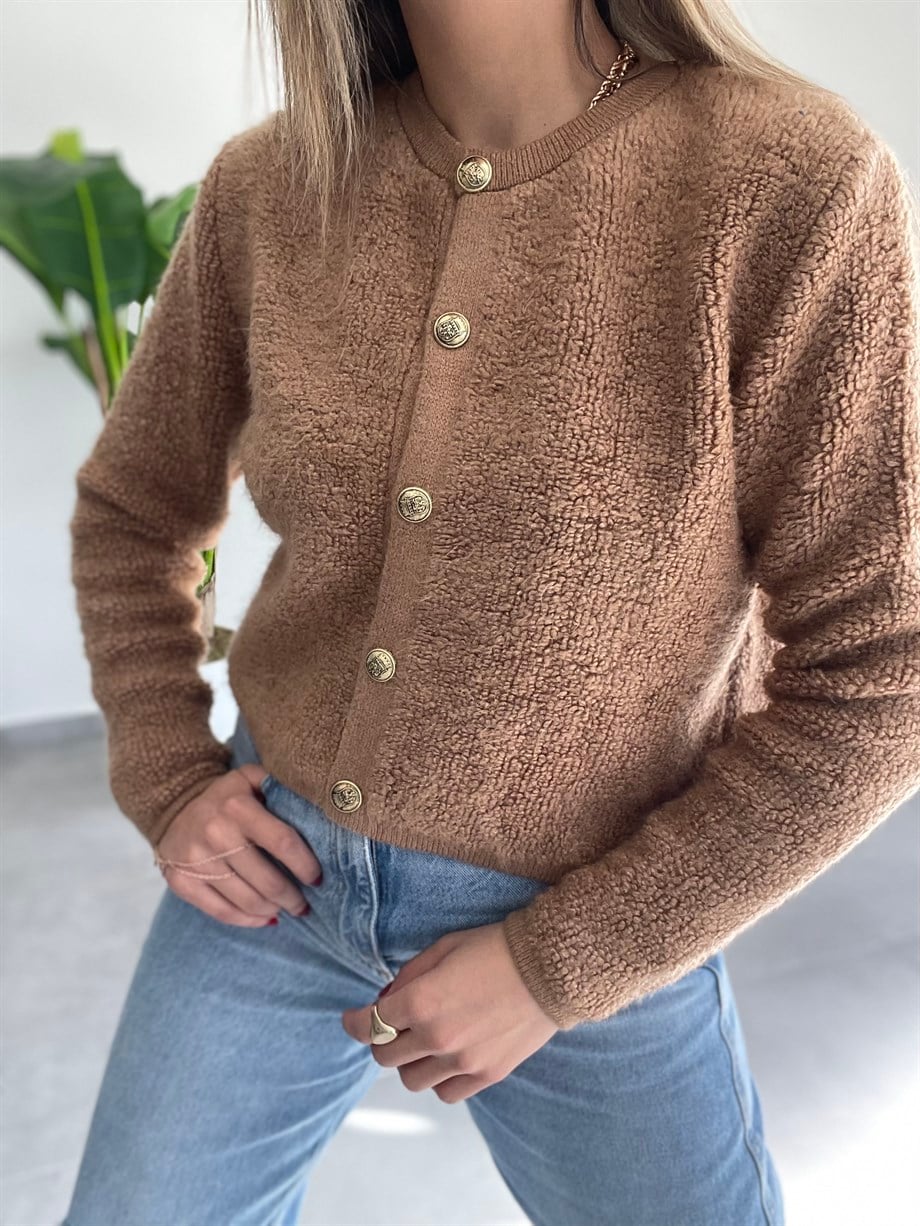 Camel  Gold Düğmeli Peluş Hırka