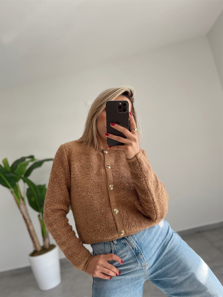 Camel  Gold Düğmeli Peluş Hırka