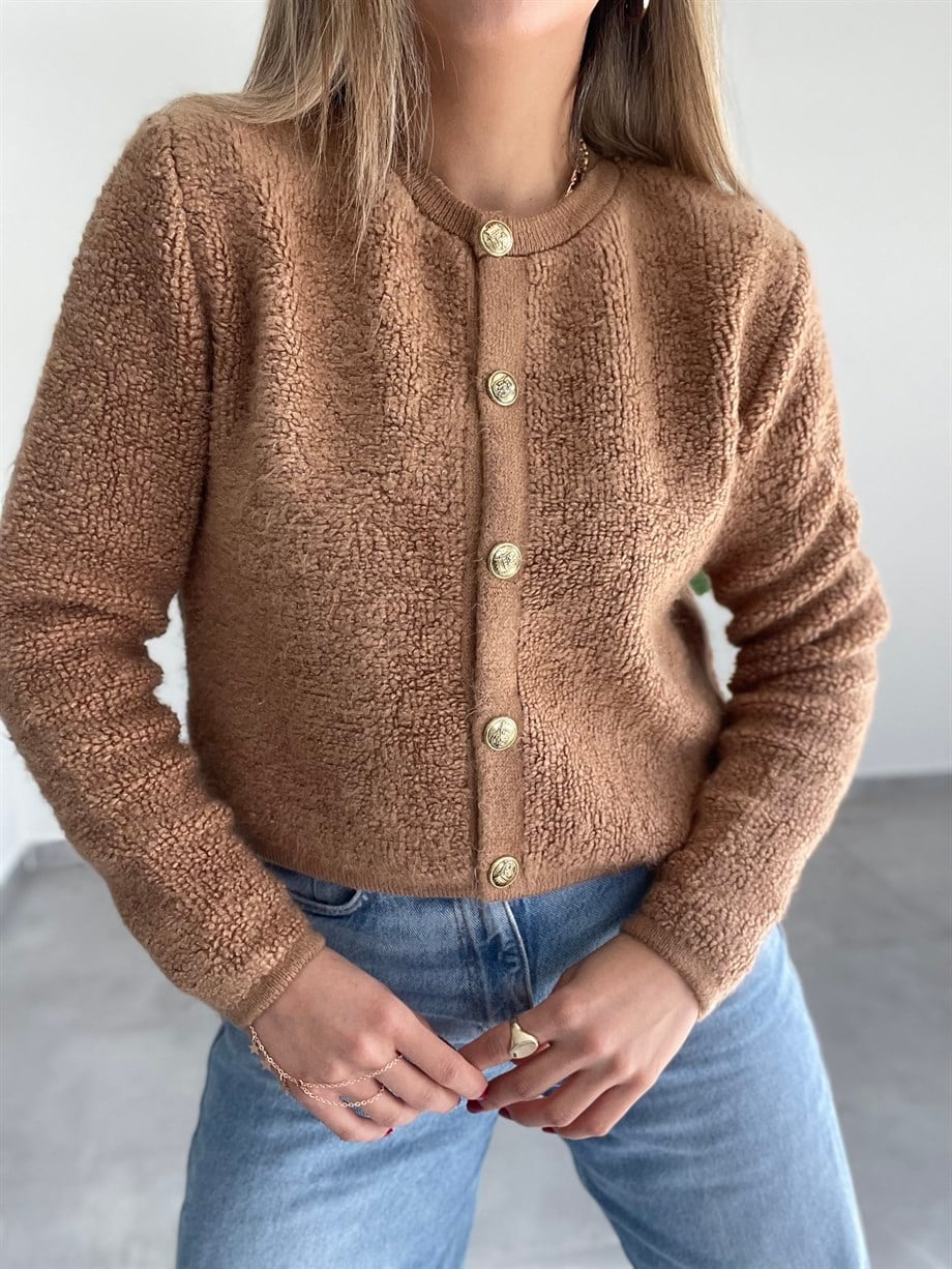 Camel  Gold Düğmeli Peluş Hırka