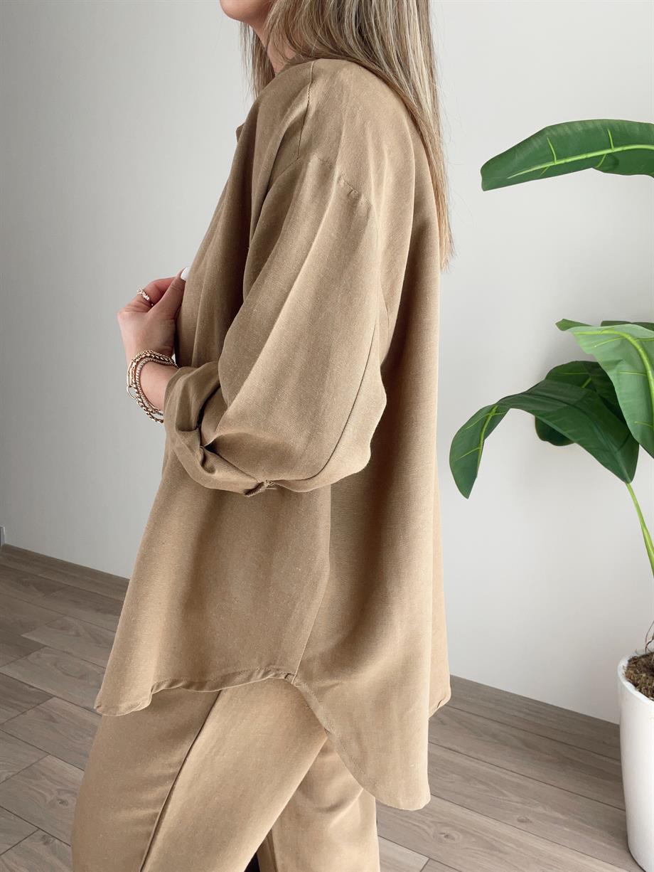 Camel Keten Gömlekli Palazzo Takım