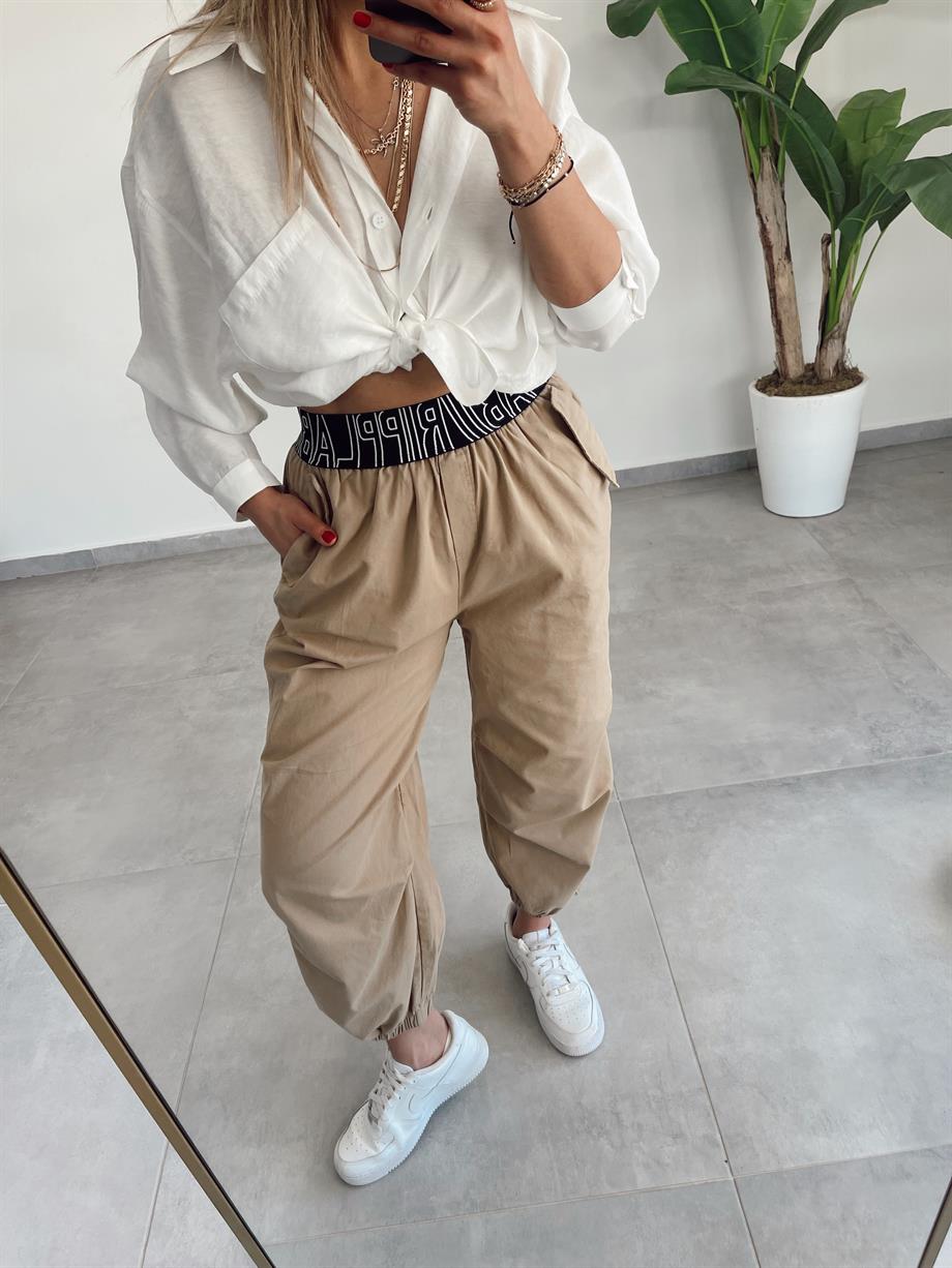 Camel Lastik Kemerli Dizi Pensli Tasarım Jogger Pantolon
