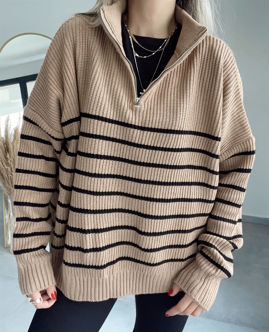 Camel-Siyah Çizgili Fermuarlı Triko Kazak