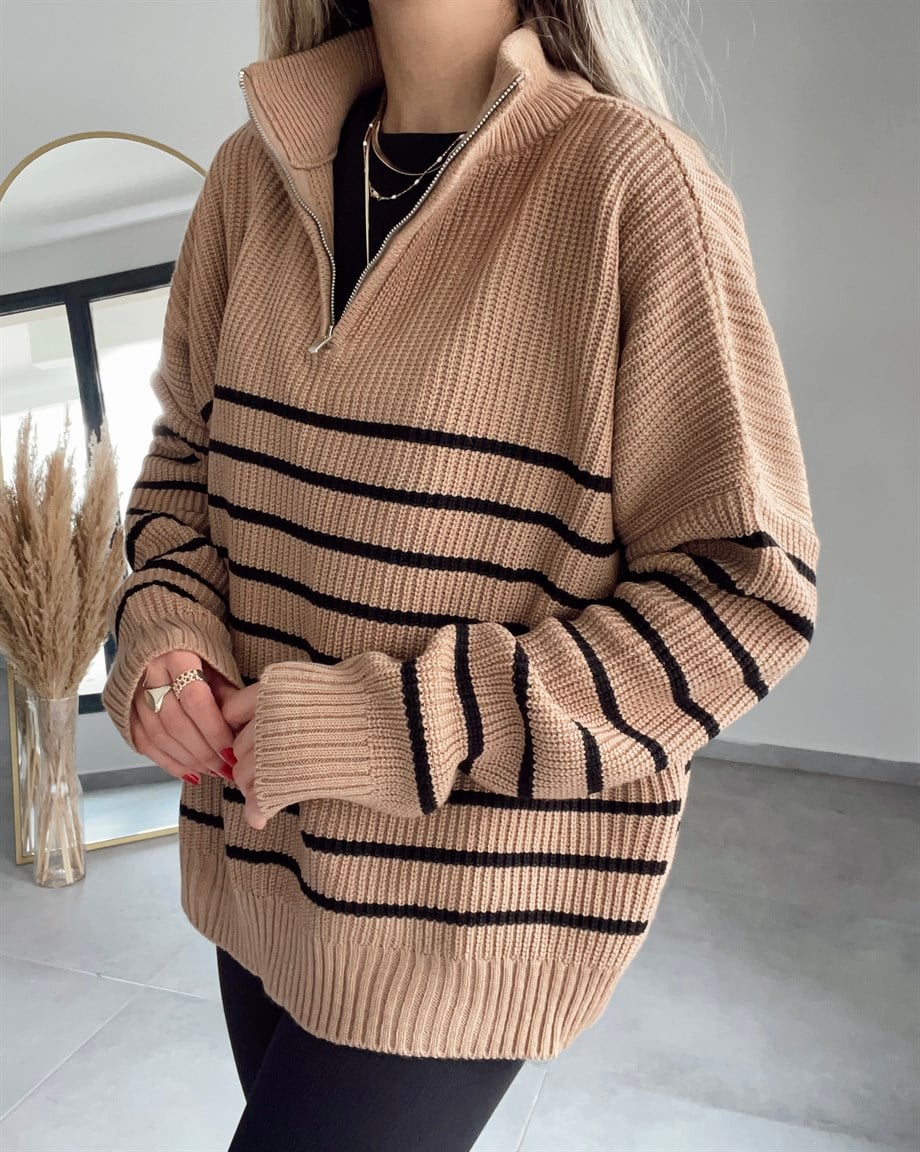 Camel-Siyah Çizgili Fermuarlı Triko Kazak