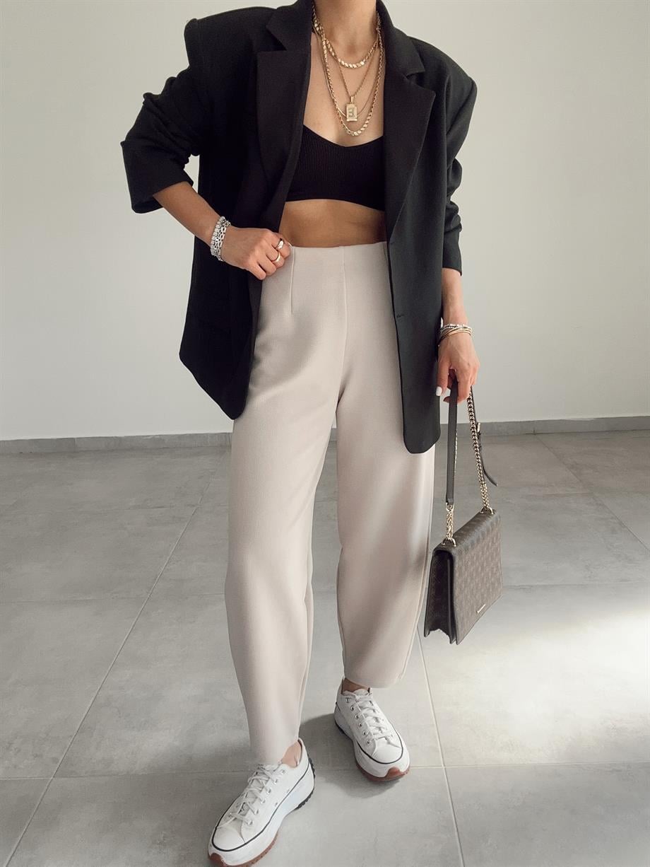 Cendy Krep Kemersiz Bej Balon Pantolon