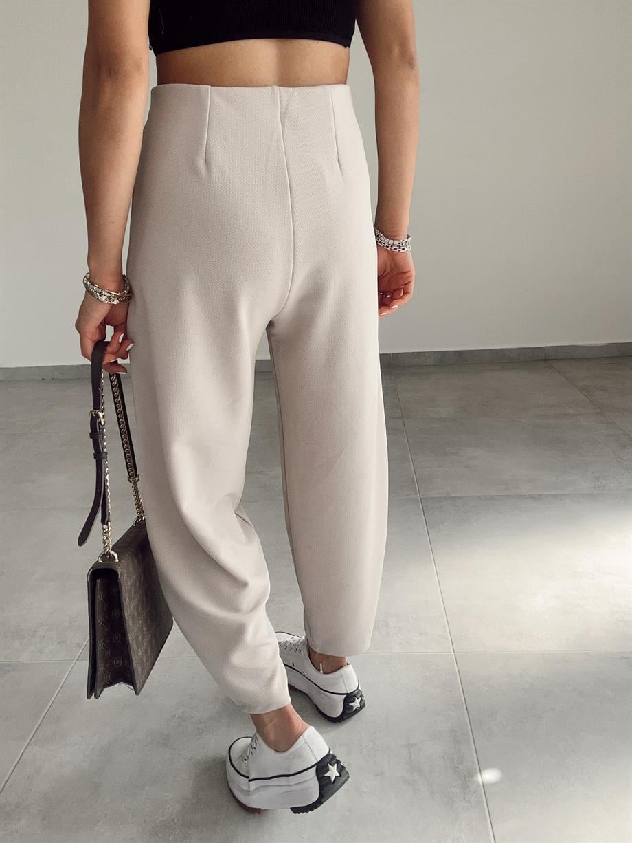 Cendy Krep Kemersiz Bej Balon Pantolon