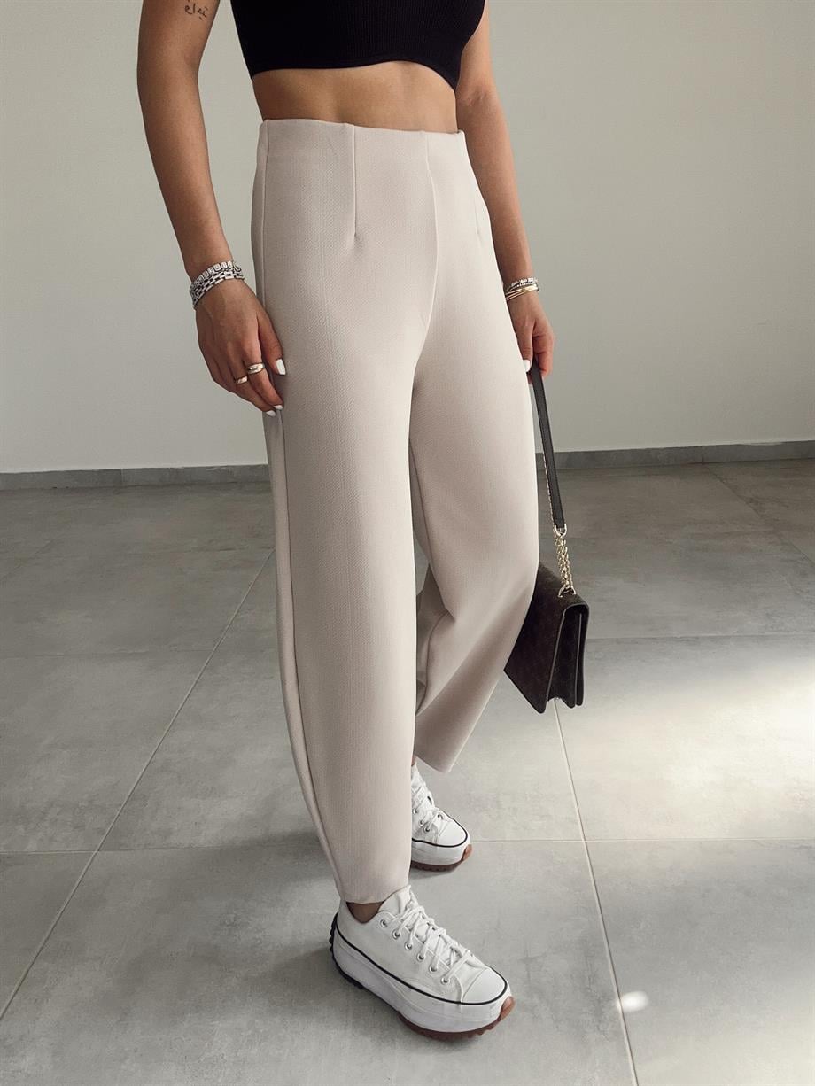 Cendy Krep Kemersiz Bej Balon Pantolon