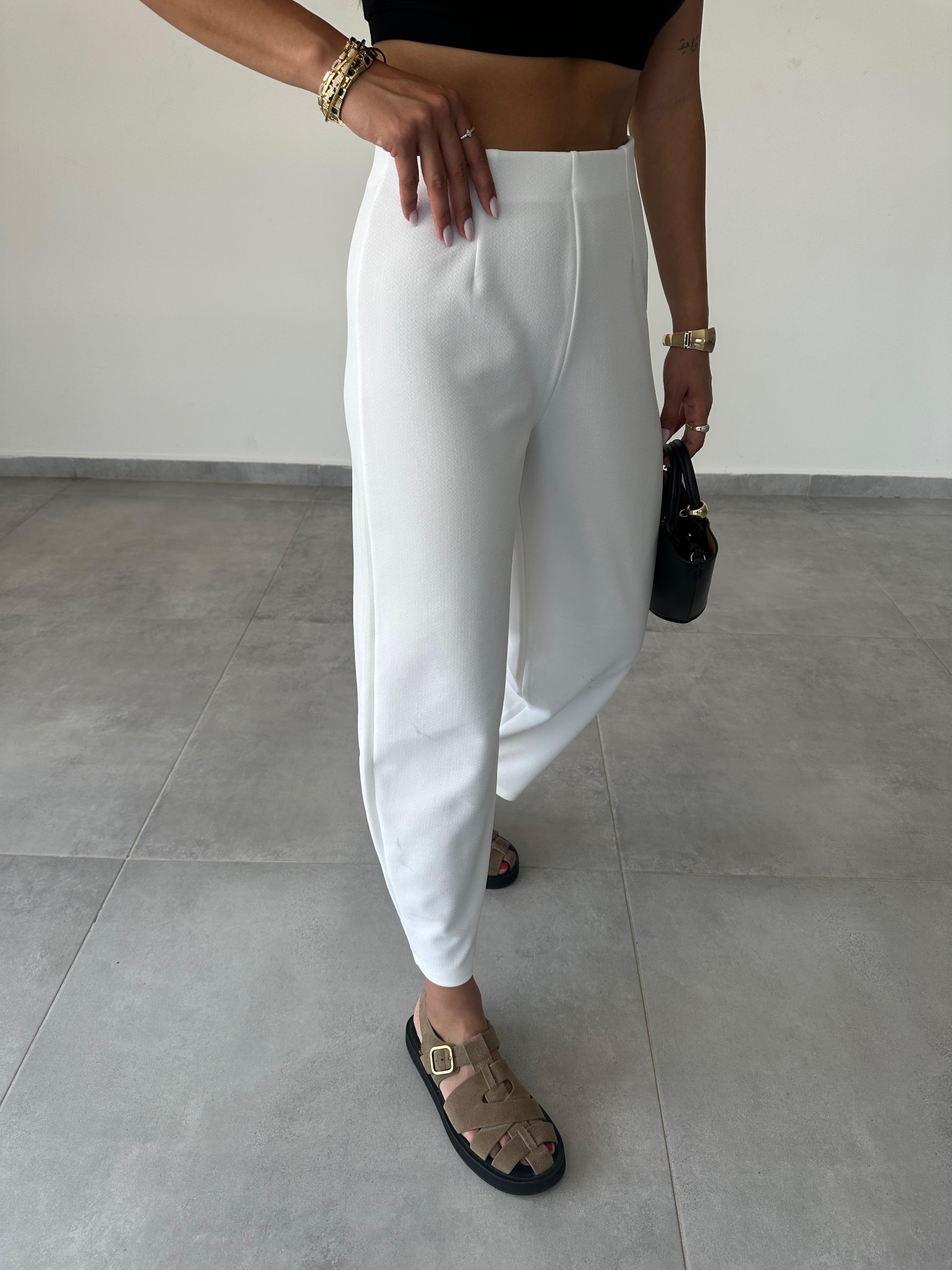 Cendy Krep Kemersiz Beyaz Balon Pantolon