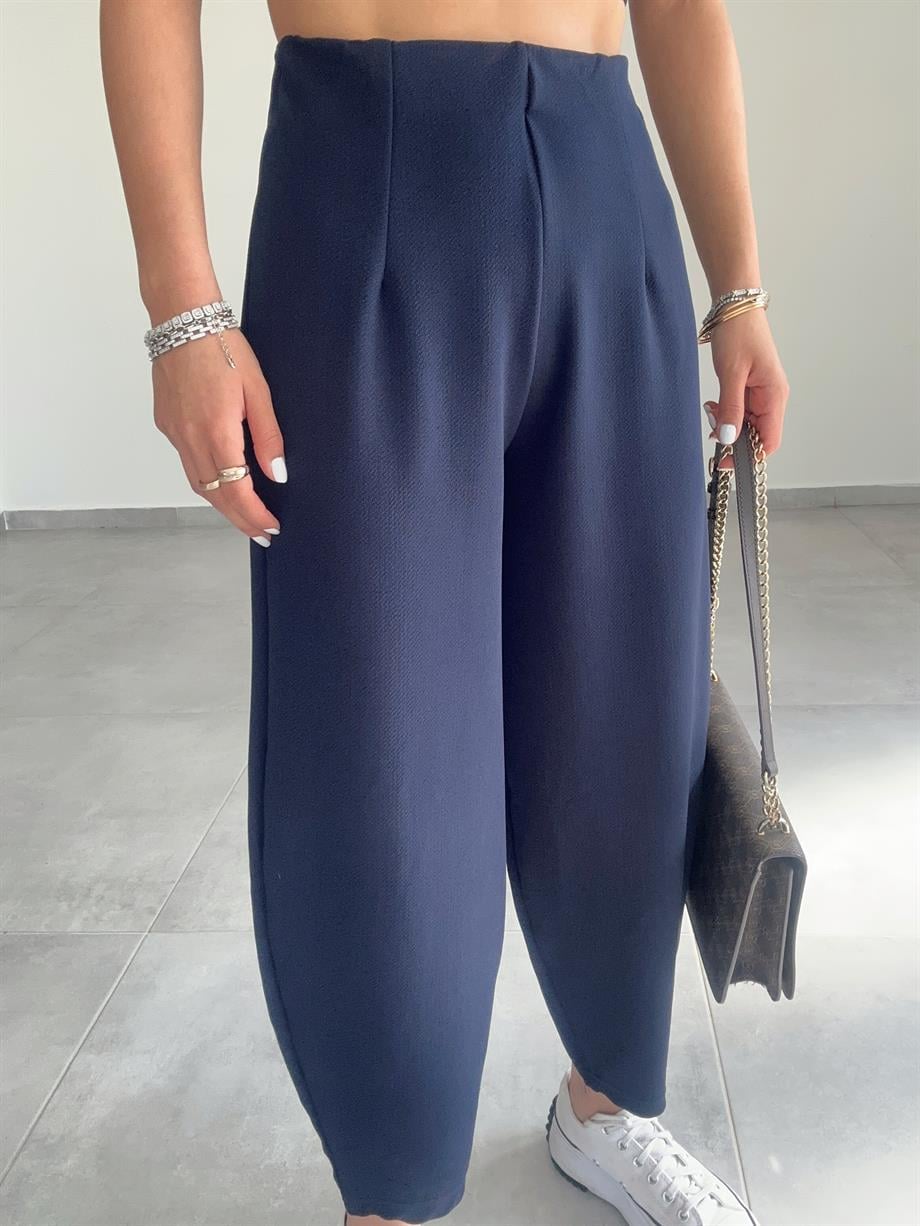 Cendy Krep Kemersiz Lacivert Balon Pantolon