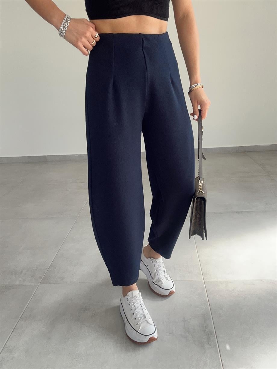 Cendy Krep Kemersiz Lacivert Balon Pantolon