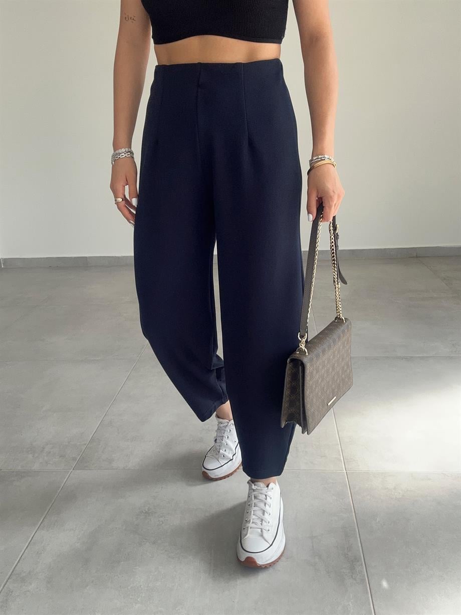 Cendy Krep Kemersiz Lacivert Balon Pantolon