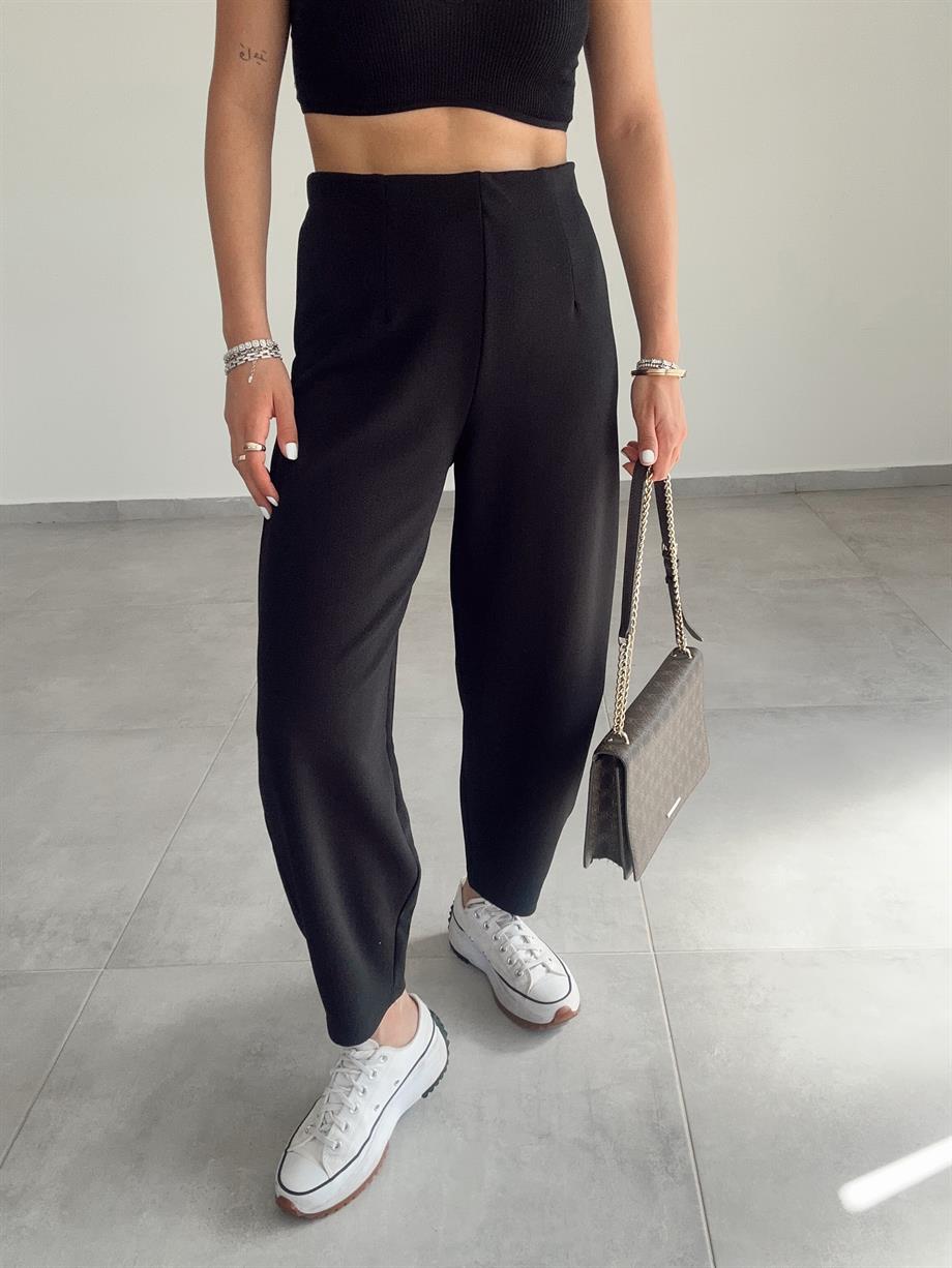 Cendy Krep Kemersiz Siyah Balon Pantolon