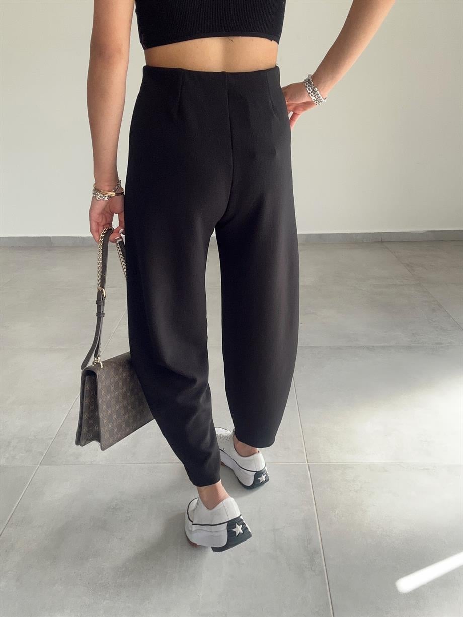 Cendy Krep Kemersiz Siyah Balon Pantolon