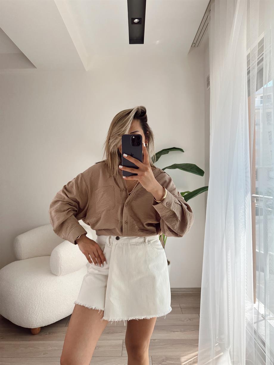 Cep Detaylı Vizon Oversize Gömlek