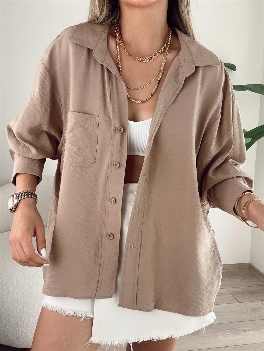 Cep Detaylı Vizon Oversize Gömlek