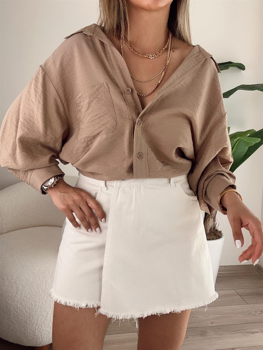 Cep Detaylı Vizon Oversize Gömlek