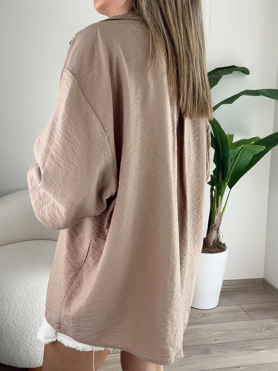 Cep Detaylı Vizon Oversize Gömlek