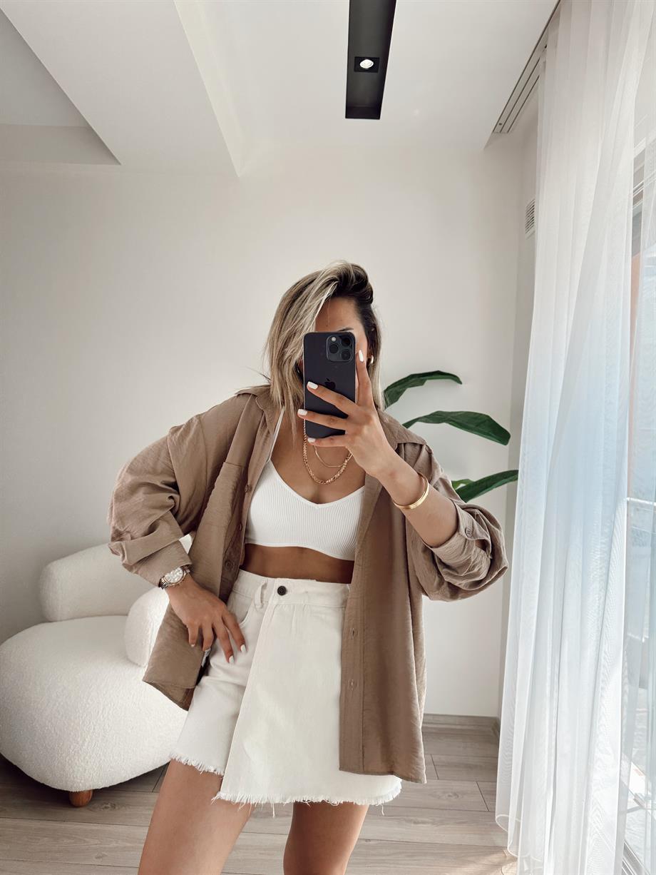 Cep Detaylı Vizon Oversize Gömlek