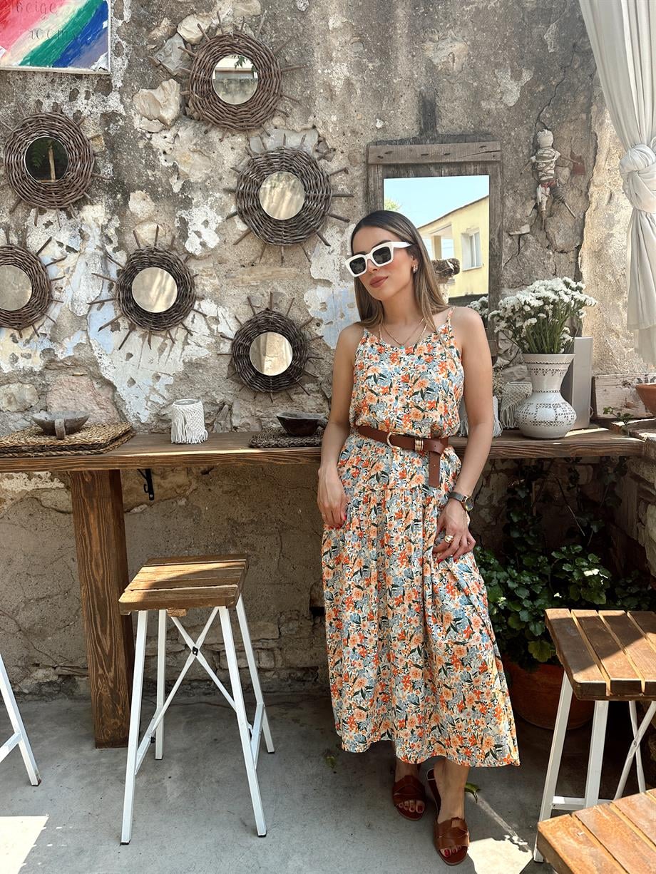 Çiçek Desenli Askılı Elbise