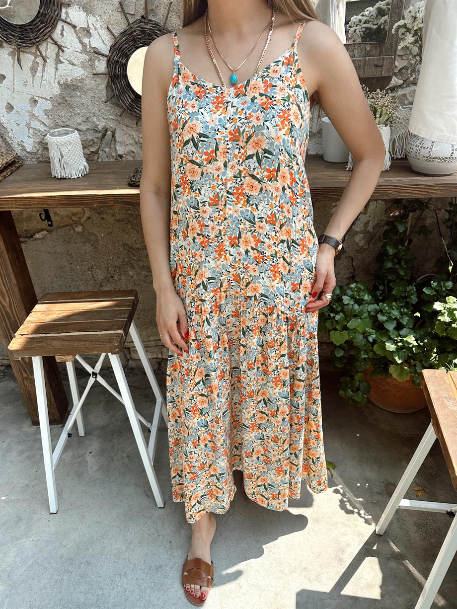Çiçek Desenli Askılı Elbise