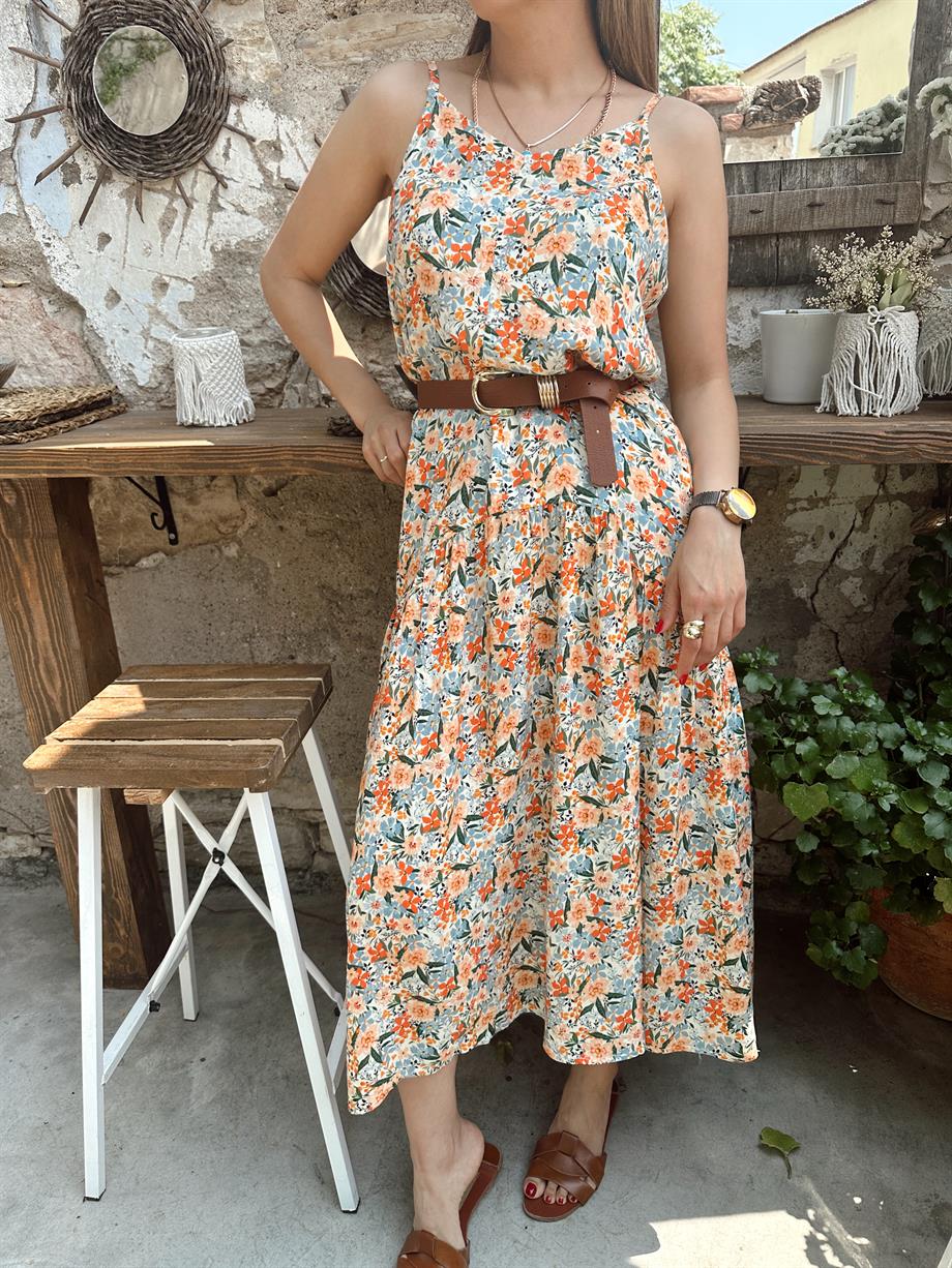 Çiçek Desenli Askılı Elbise