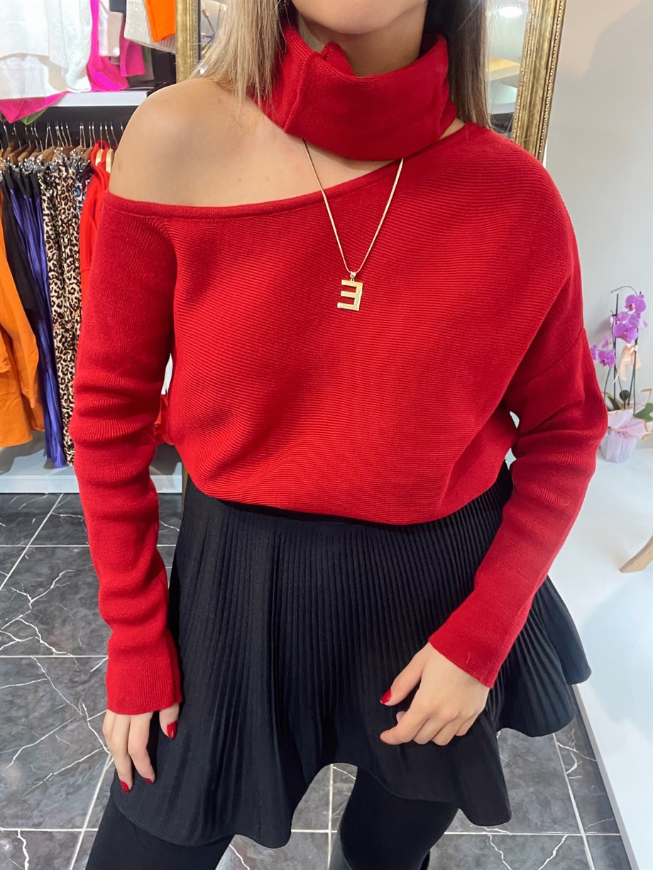 Çıkabilen Yaka Detaylı Düşük Omuz Kırmızı Triko