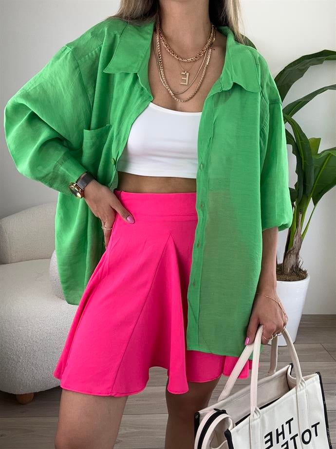 Çimen Yeşili Düşük Omuz Oversize Gömlek