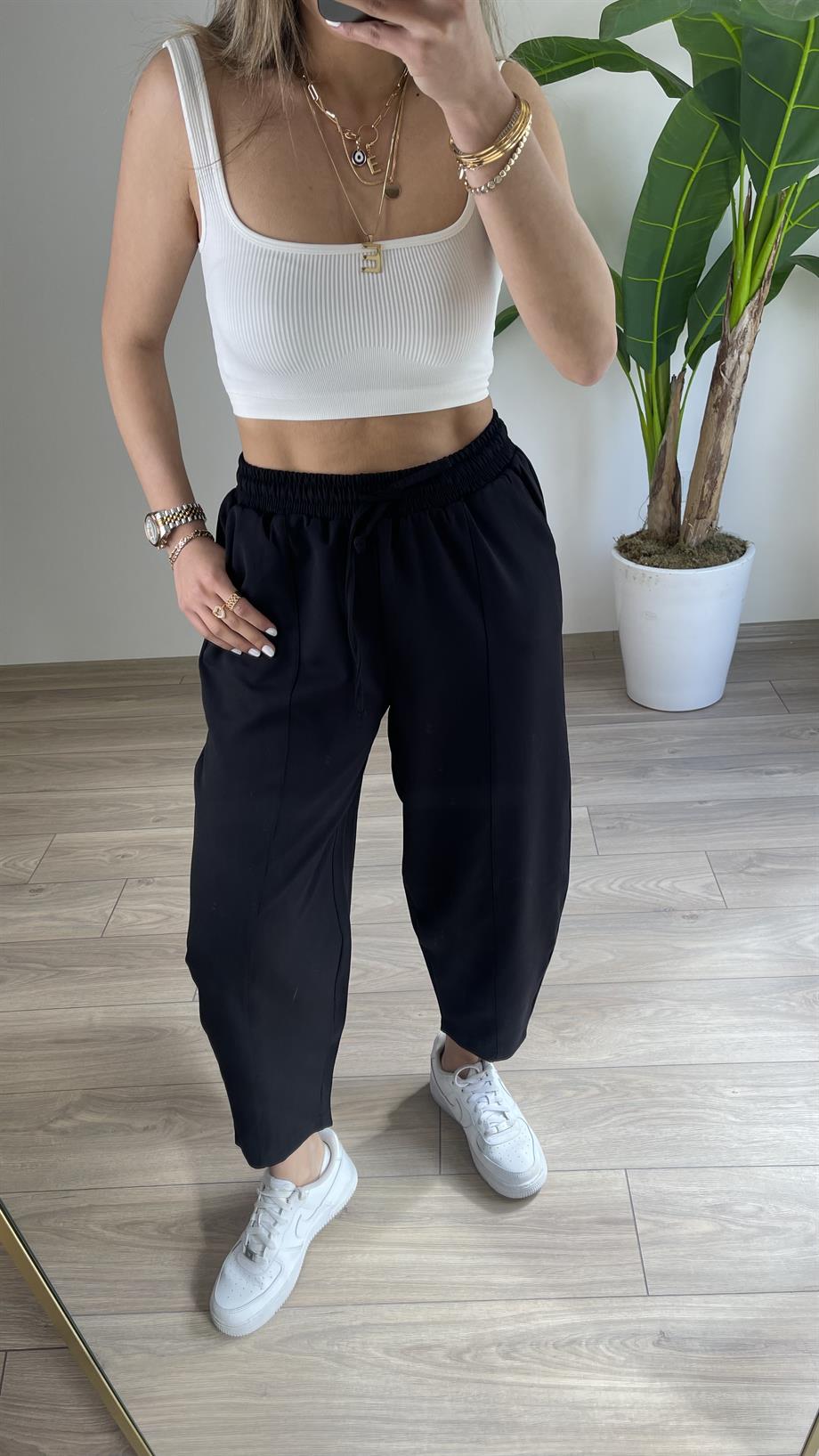 Cindy Siyah Beli Lastikli  Şalvar Pantolon