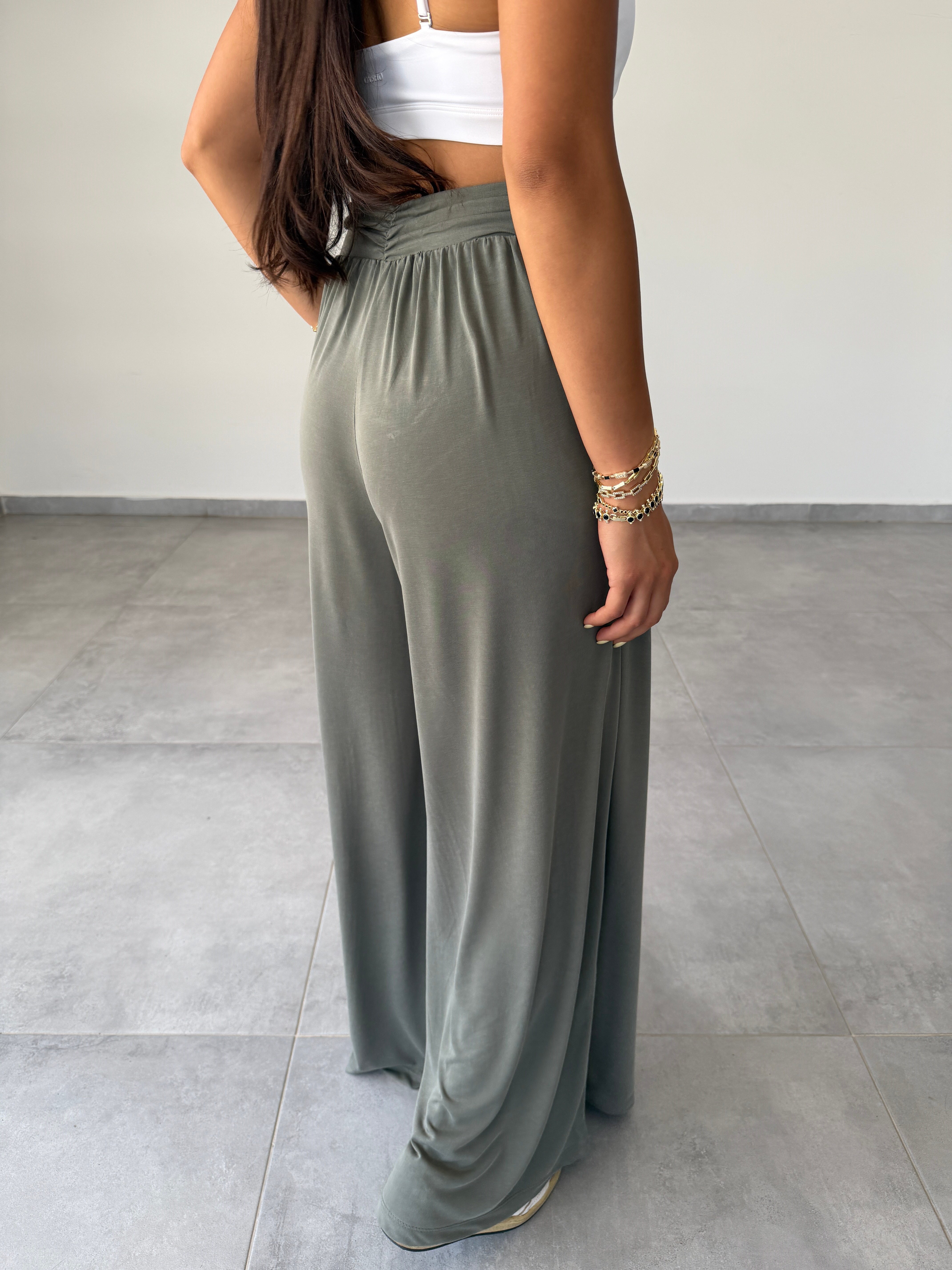 Comfort Haki Kruvaze Bel Detaylı Modal Bol Paça Pantolon