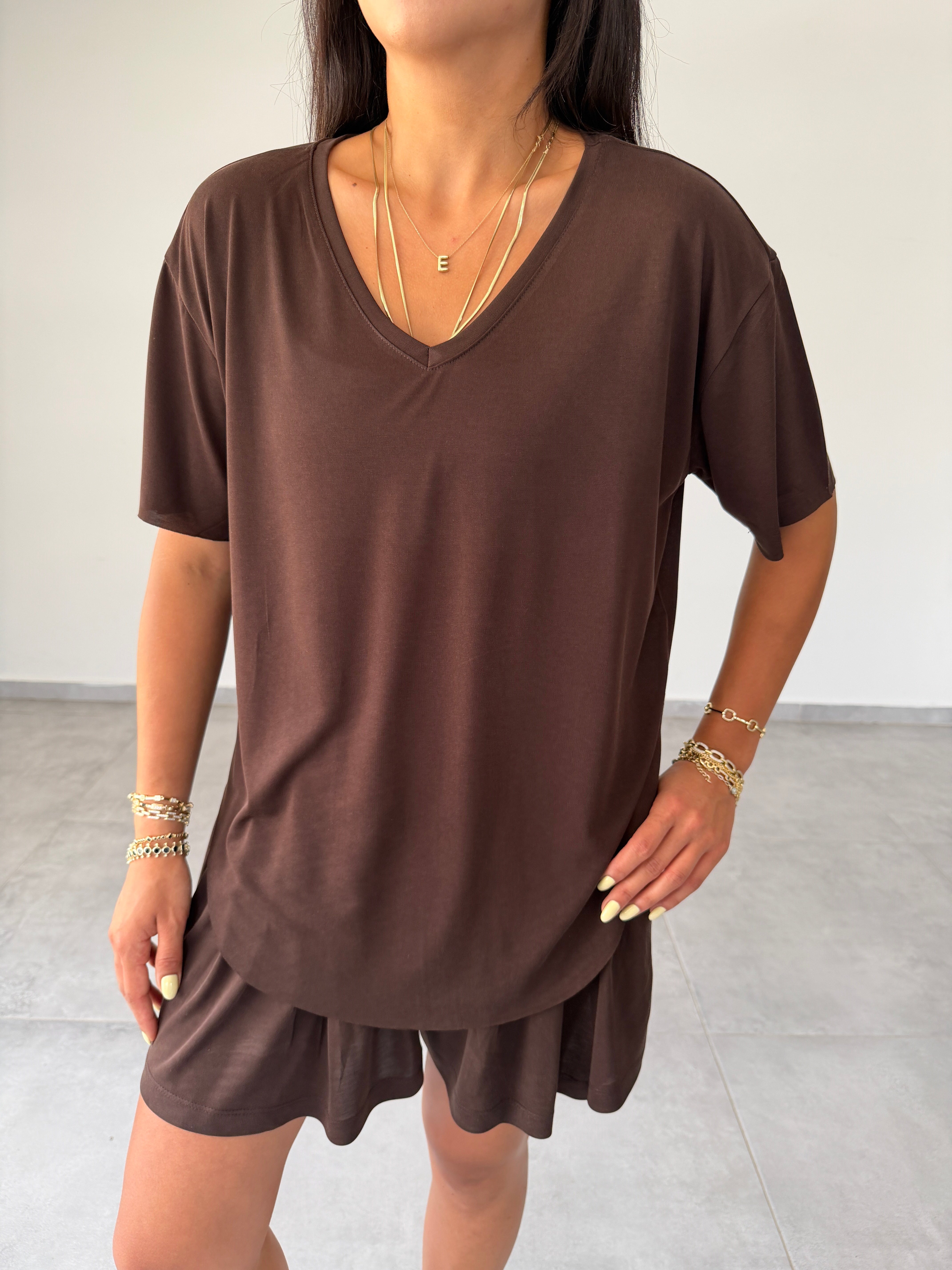 Comfort Kahve  Modal Kumaş V Yaka Bluz