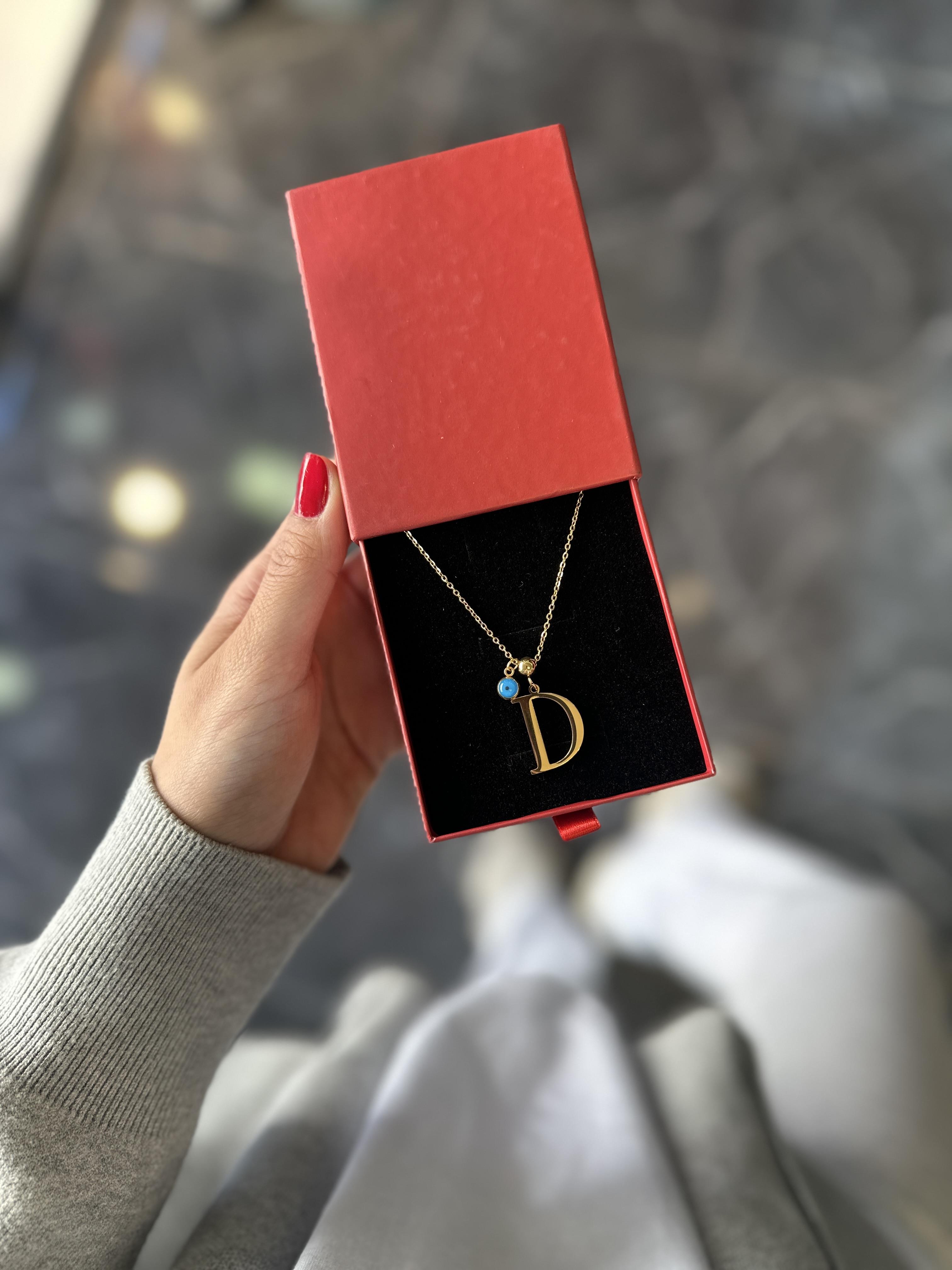 D Gold Nazar Boncuklu Harf Çelik Kolye