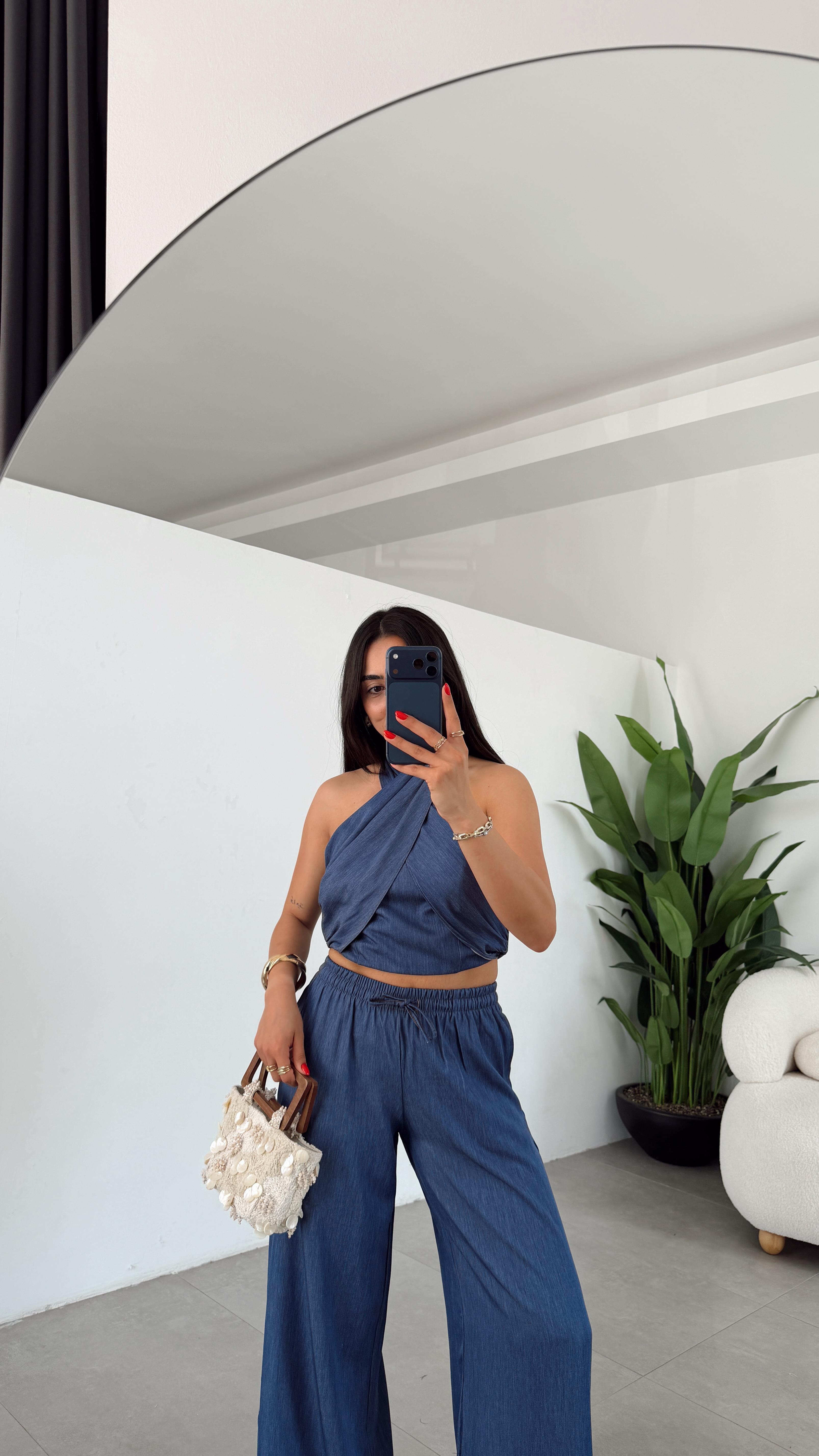 Denim Halter Yaka Bluz Pantolon Takım Mavi