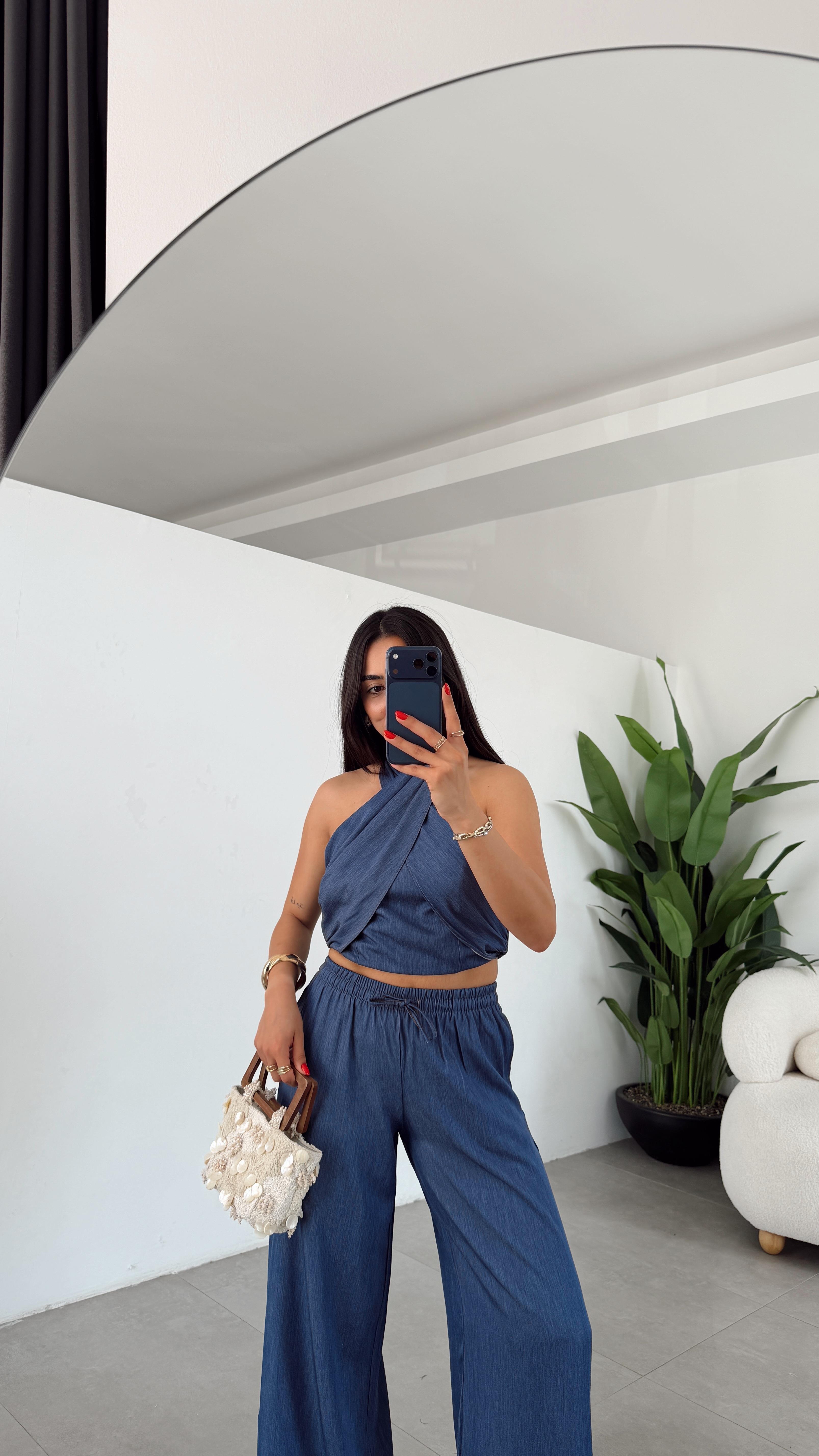 Denim Halter Yaka Bluz Pantolon Takım Mavi