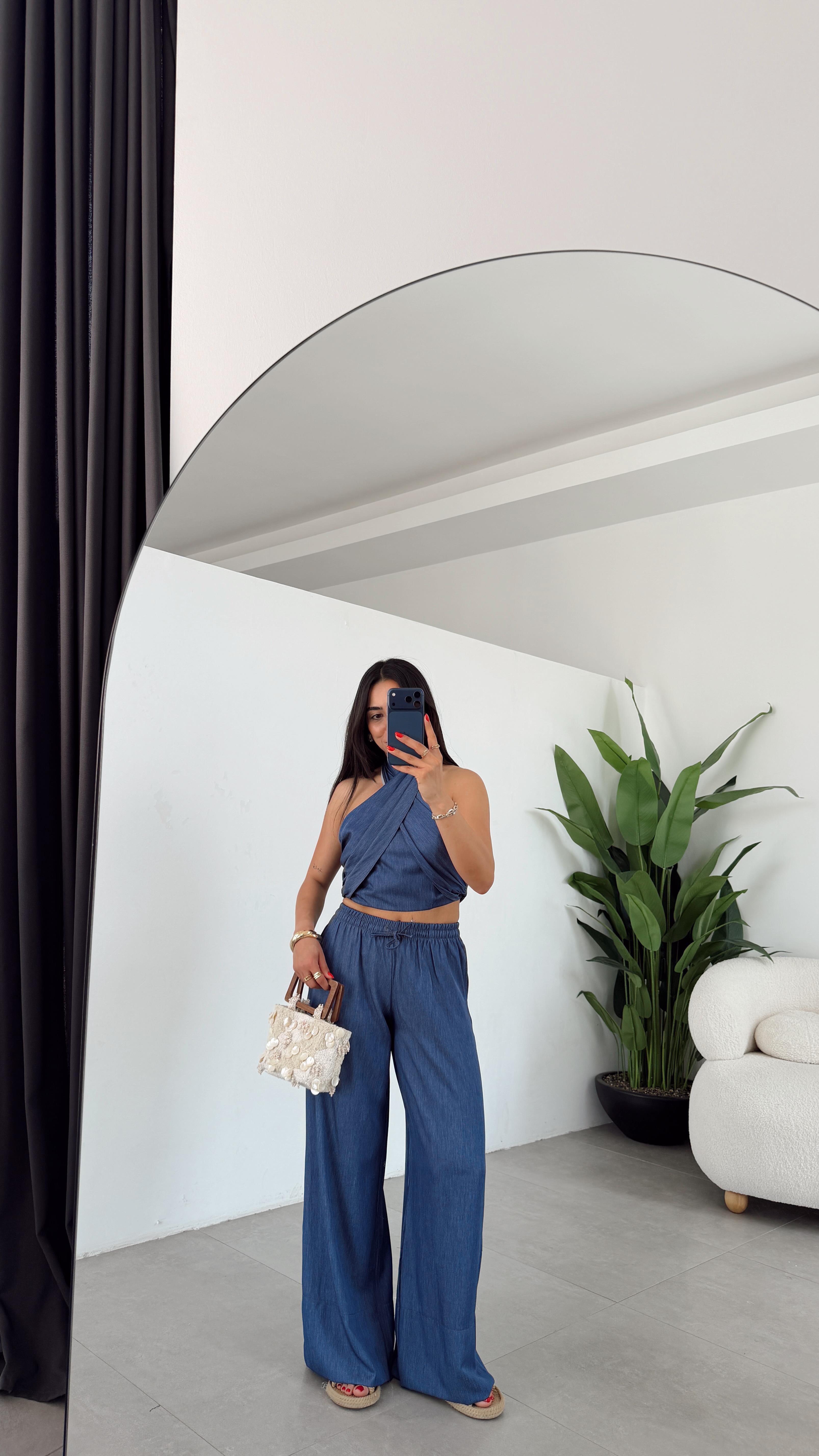 Denim Halter Yaka Bluz Pantolon Takım Mavi