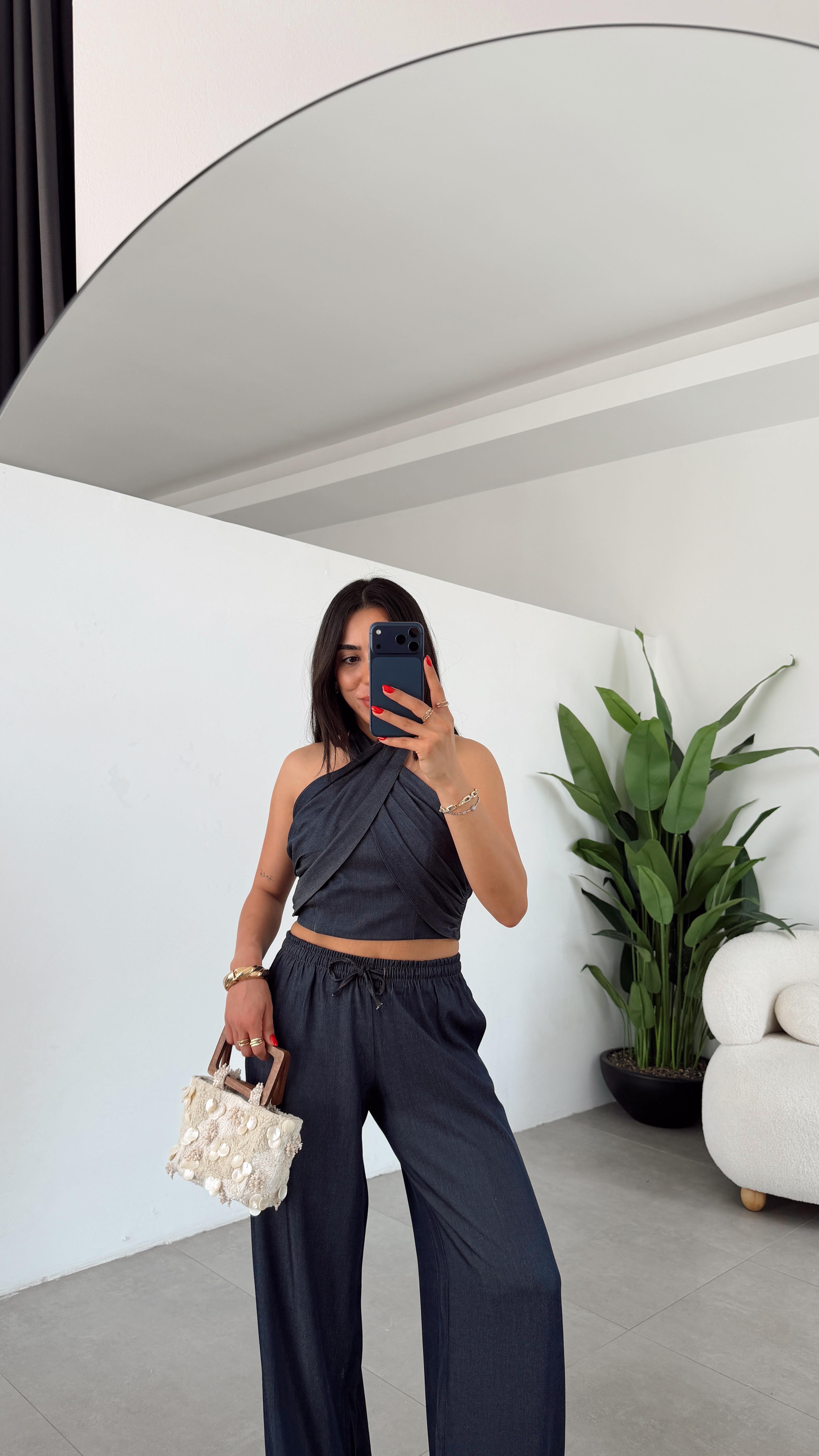 Denim Halter Yaka Bluz Takım Lacivert