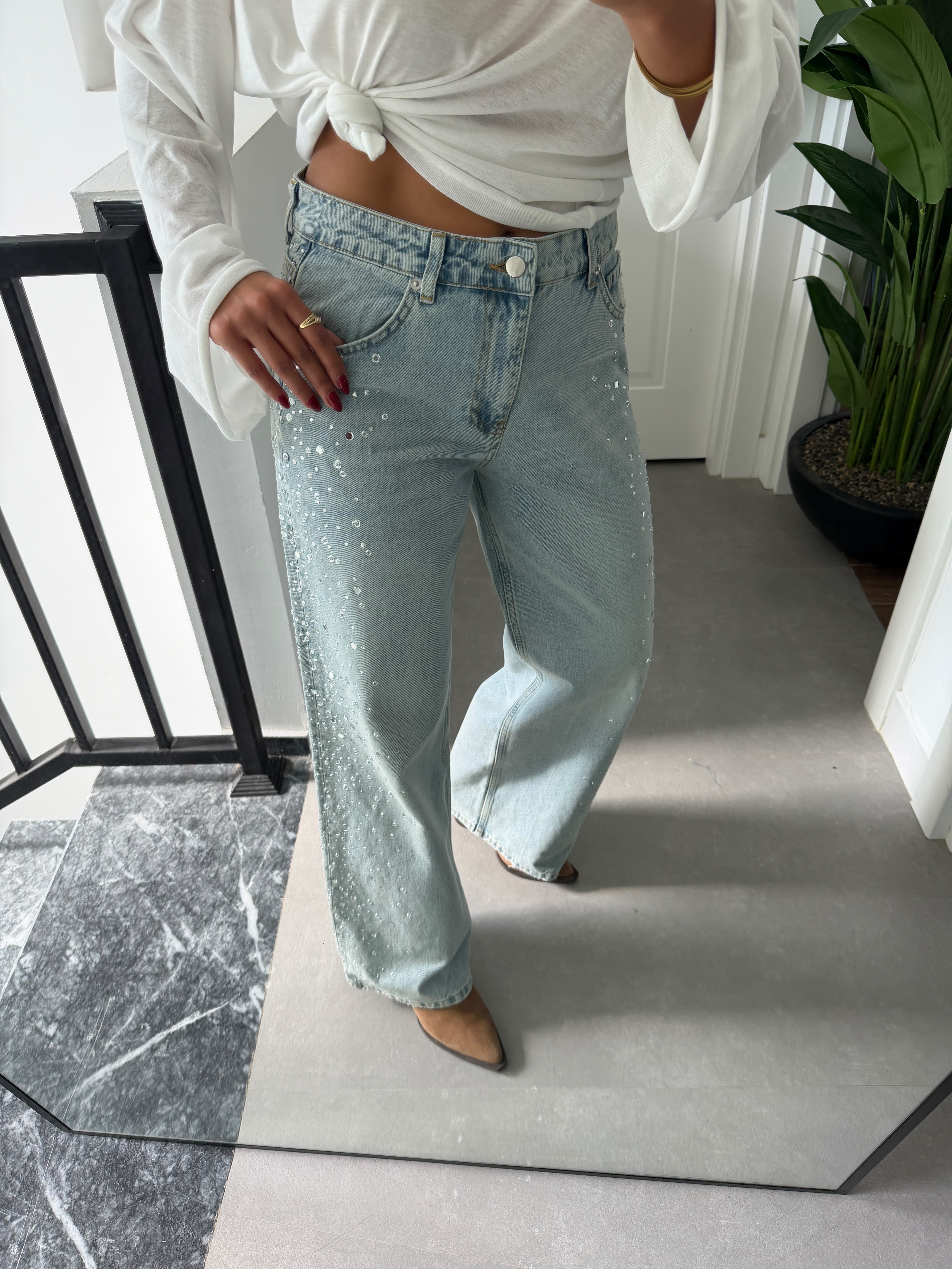 Denim Yanları Taşlı Jean