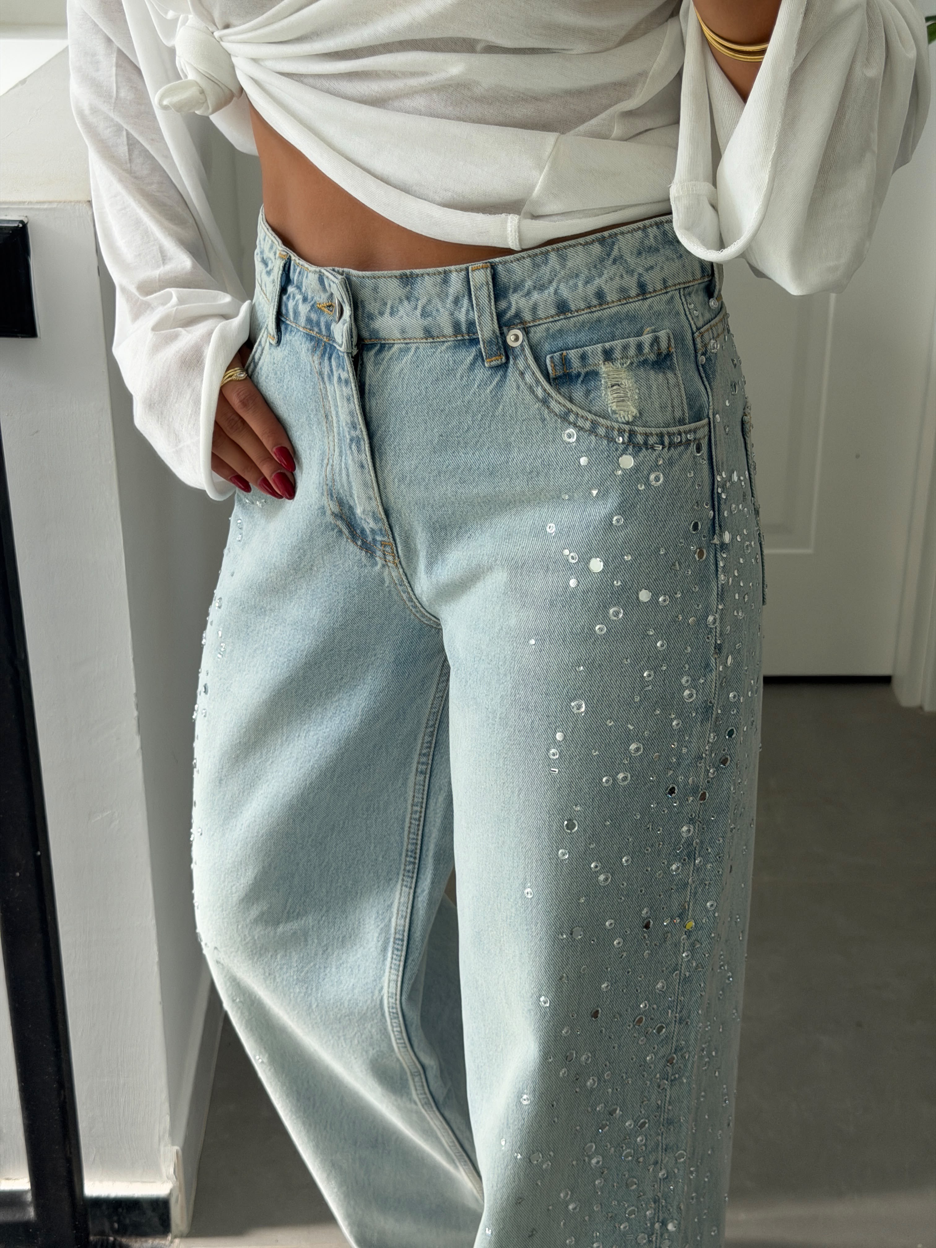 Denim Yanları Taşlı Jean