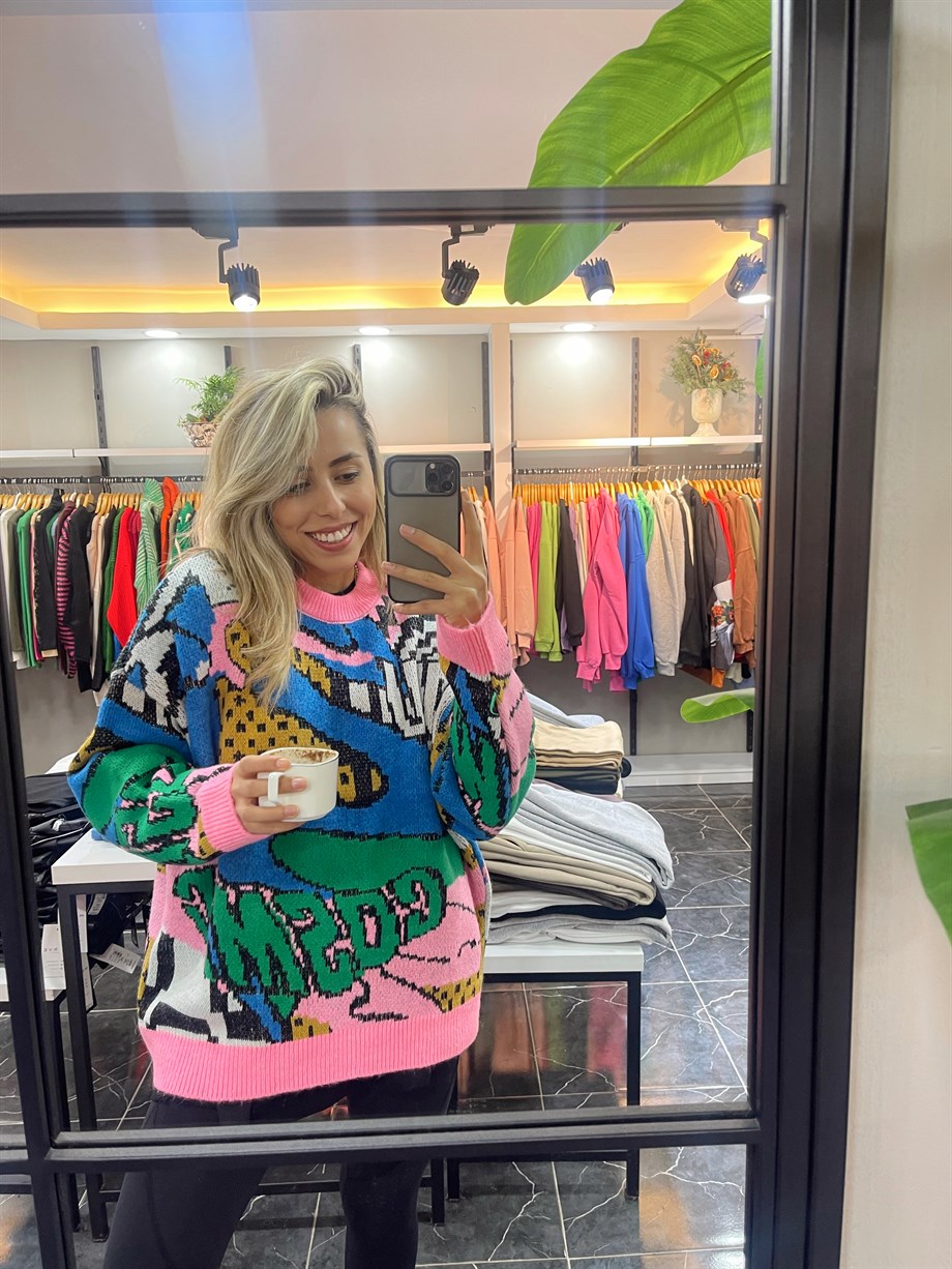 Desenli Triko Kazak-Pembe