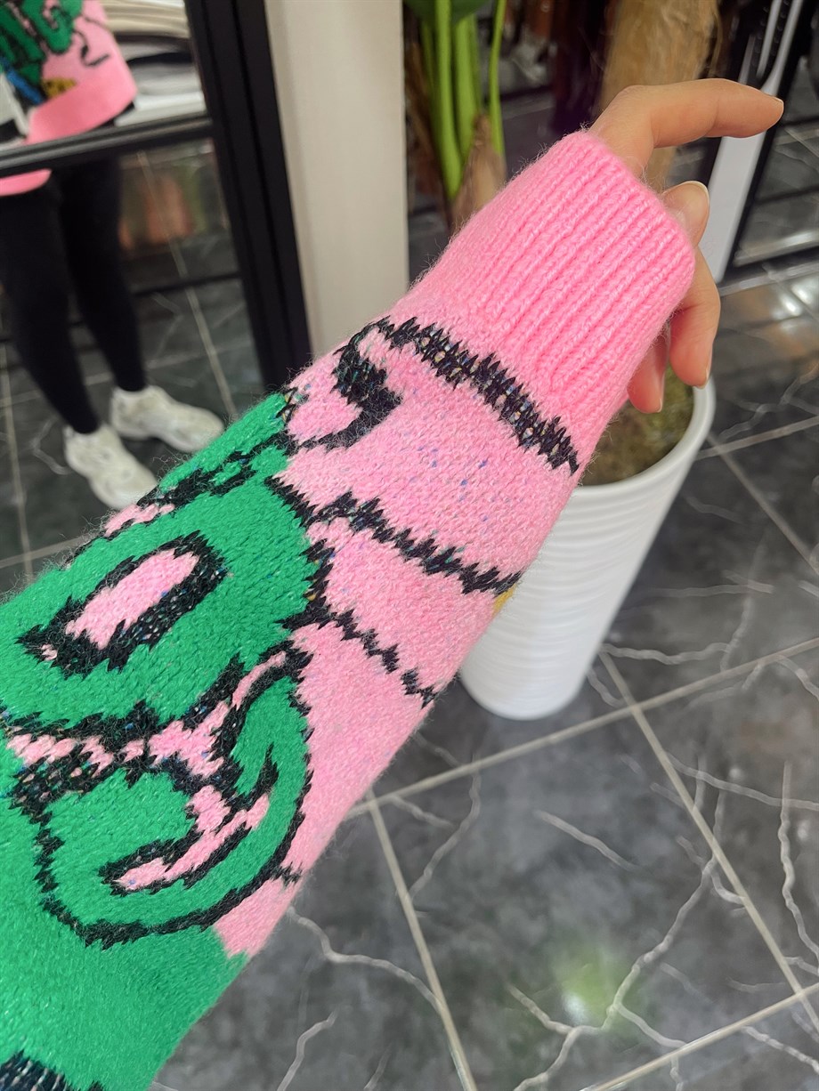 Desenli Triko Kazak-Pembe