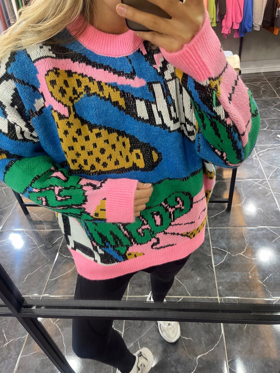 Desenli Triko Kazak-Pembe