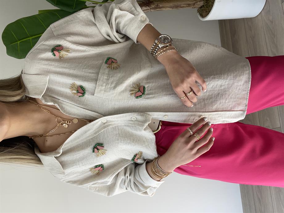 Düşük Omuzlu İşlemeli Gömlek